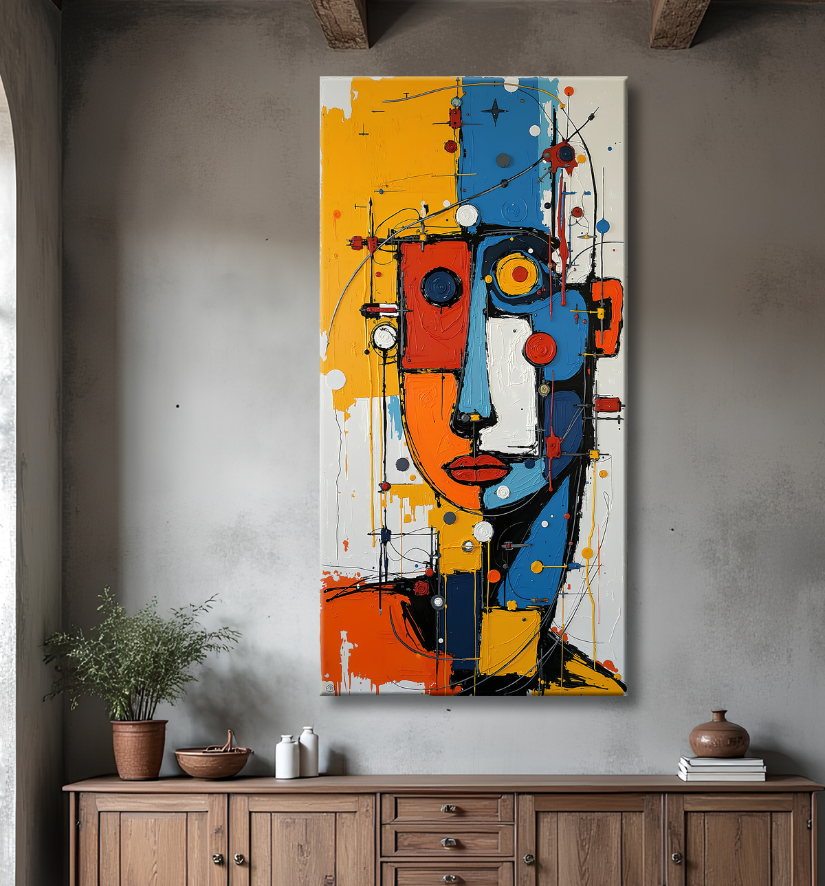 Tableau moderne : portrait inspiration cubiste avec decor