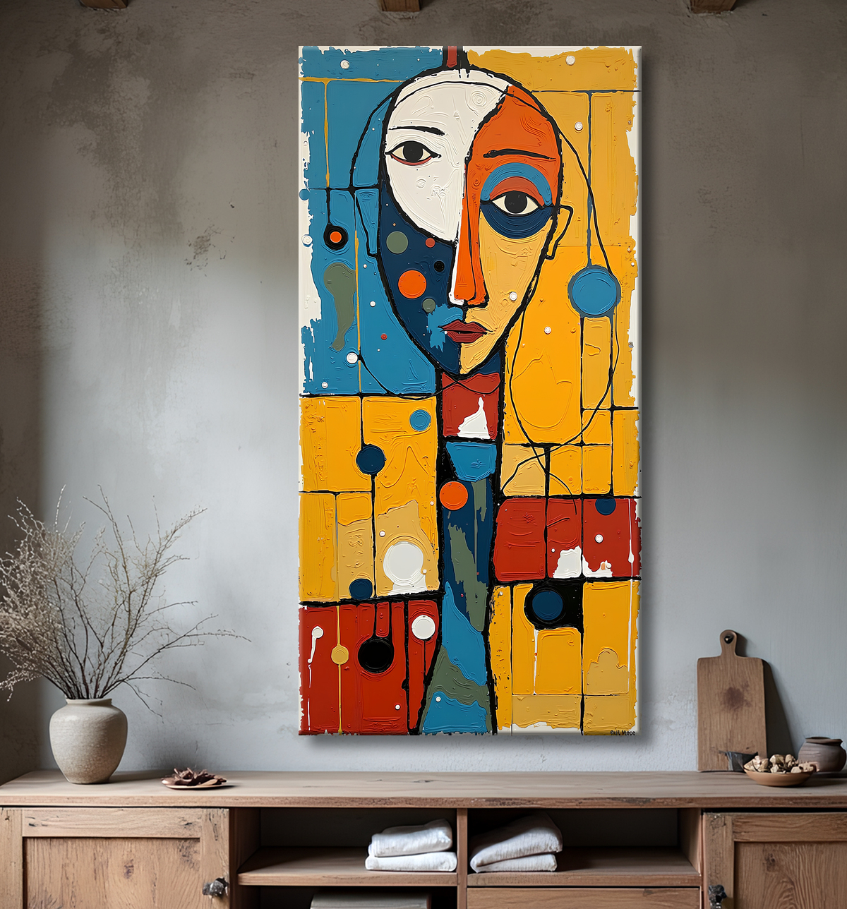 Tableau moderne : portrait inspiration cubiste avec decor