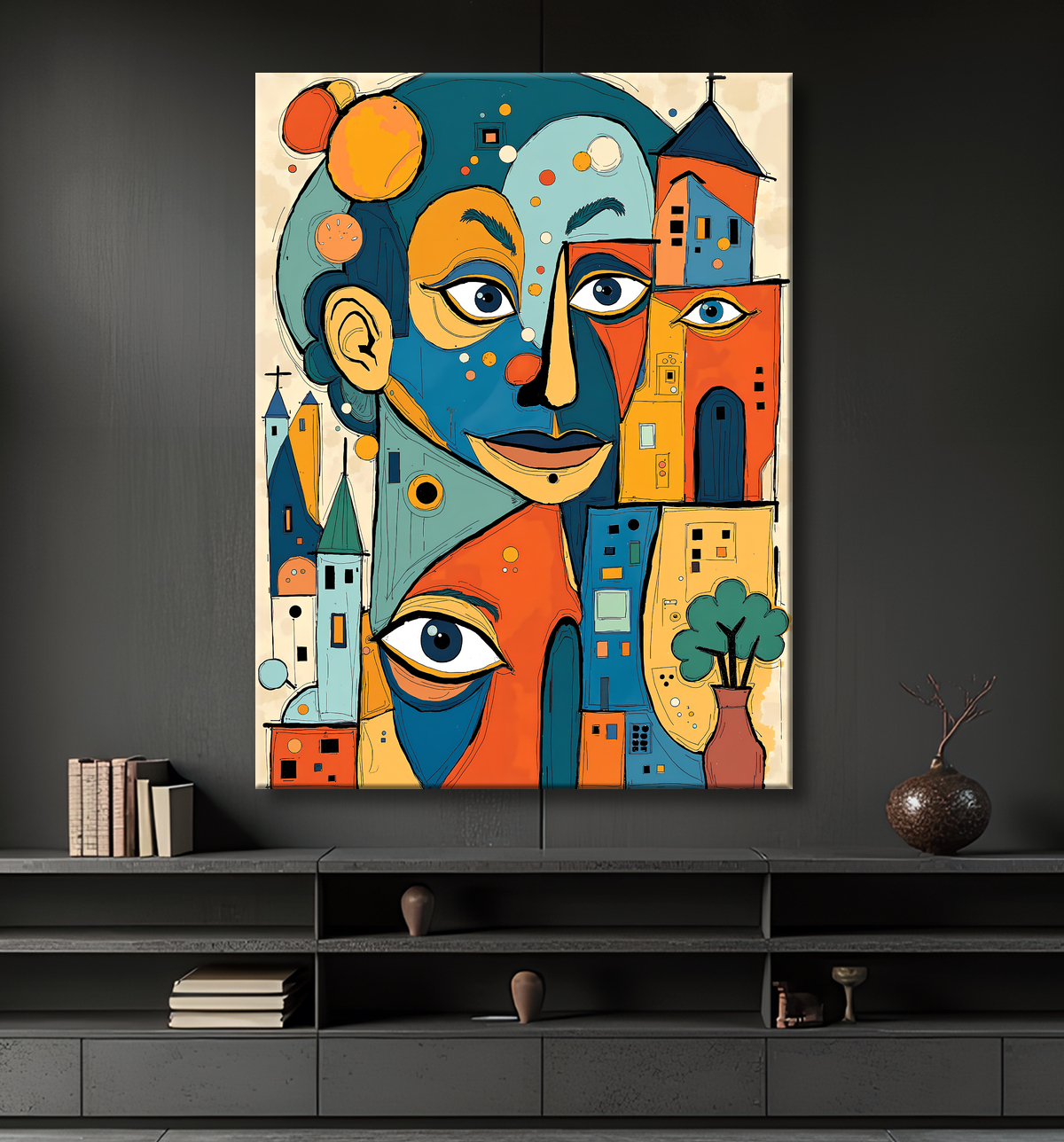 Tableau moderne : portrait inspiration cubiste avec decor