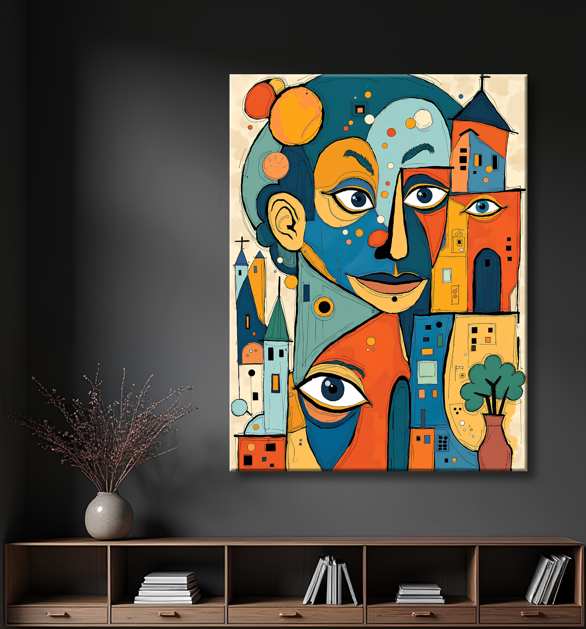 Tableau moderne : portrait inspiration cubiste avec decor