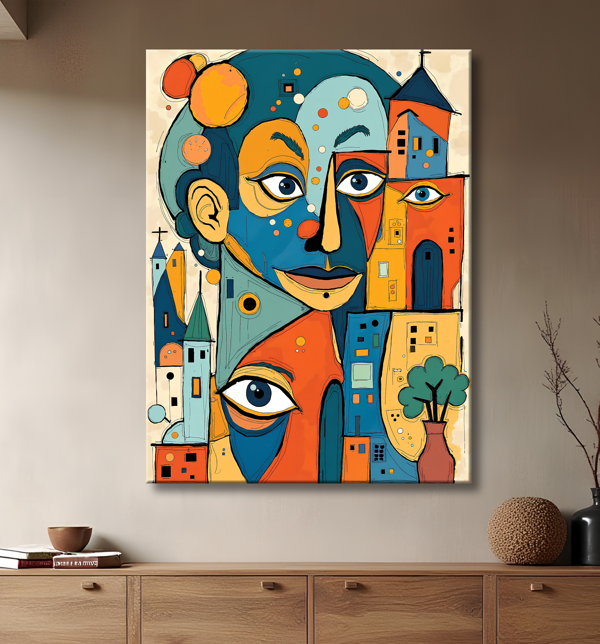 Tableau moderne : portrait inspiration cubiste avec decor