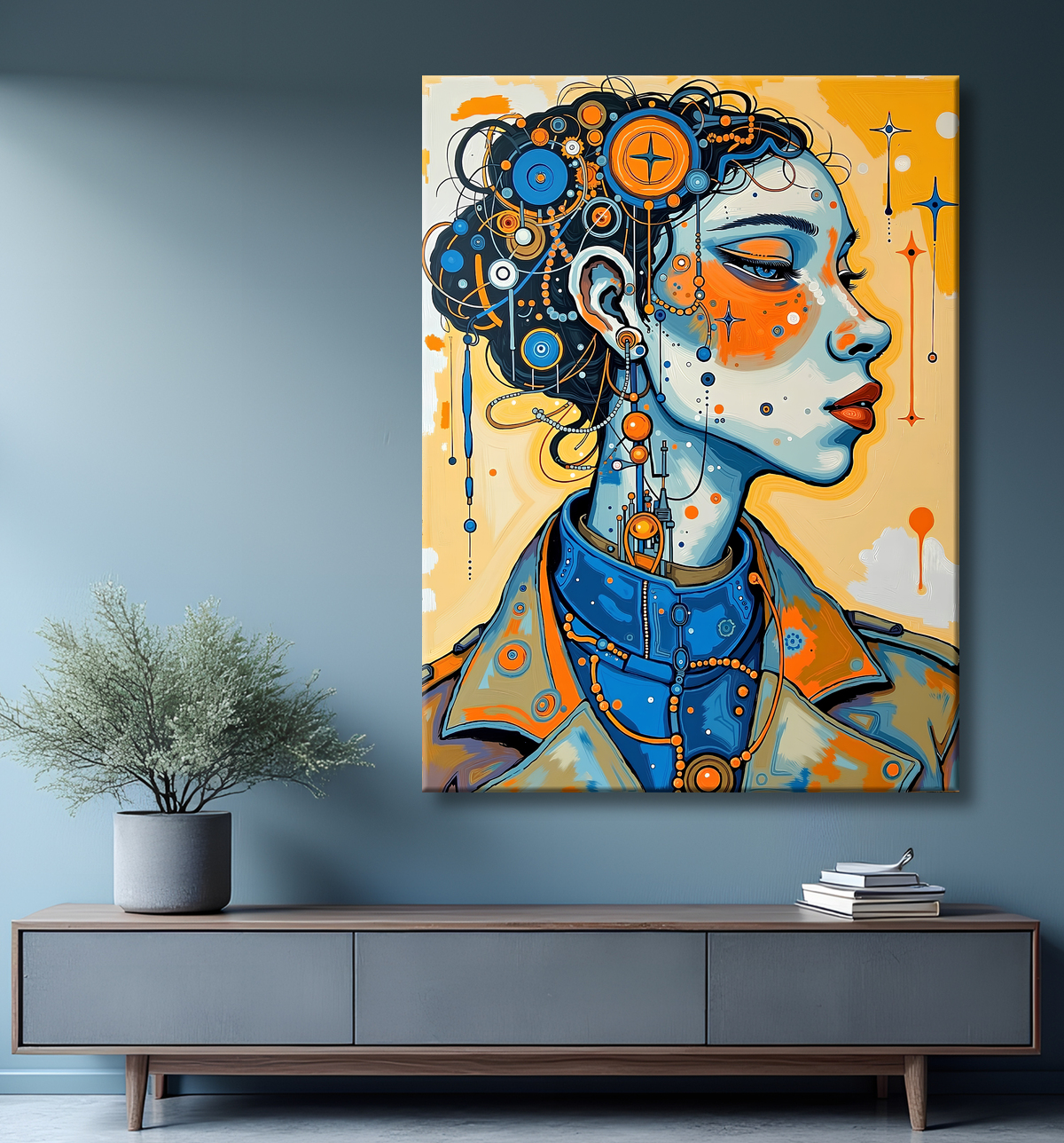 Tableau moderne : portrait inspiration cubiste avec decor