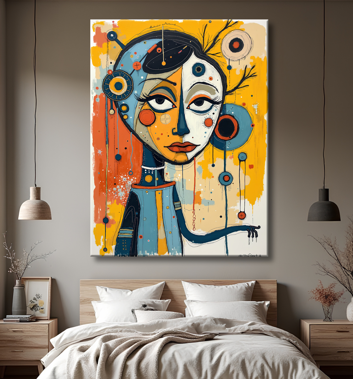 Tableau moderne : portrait inspiration cubiste avec decor