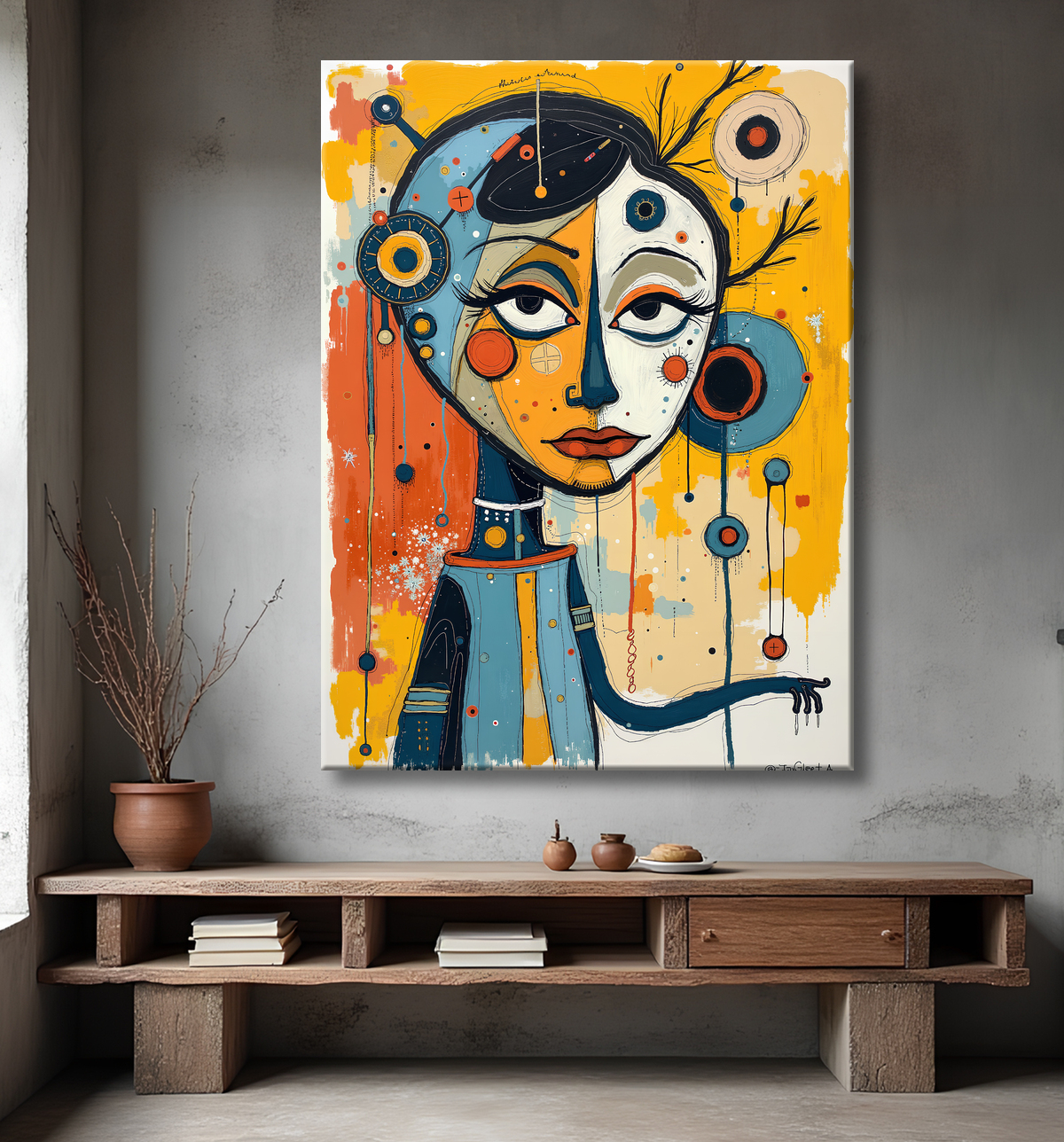 Tableau moderne : portrait inspiration cubiste avec decor