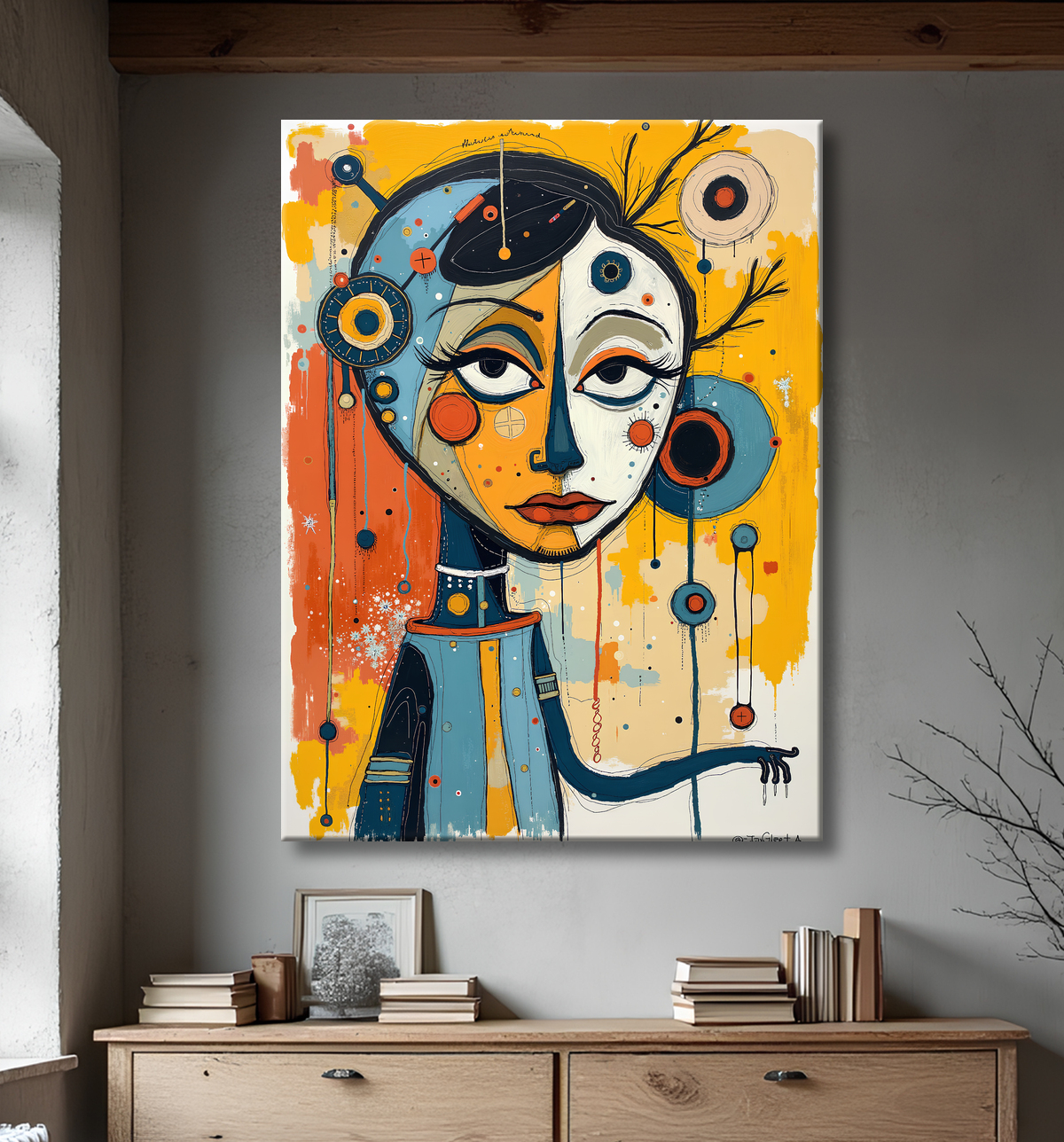 Tableau moderne : portrait inspiration cubiste avec decor