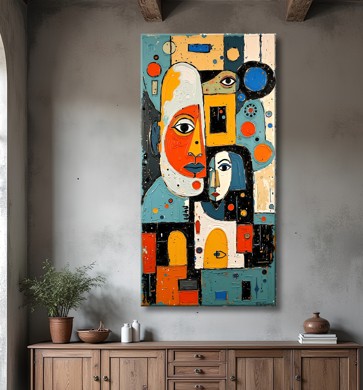 Tableau moderne : portrait inspiration cubiste avec decor