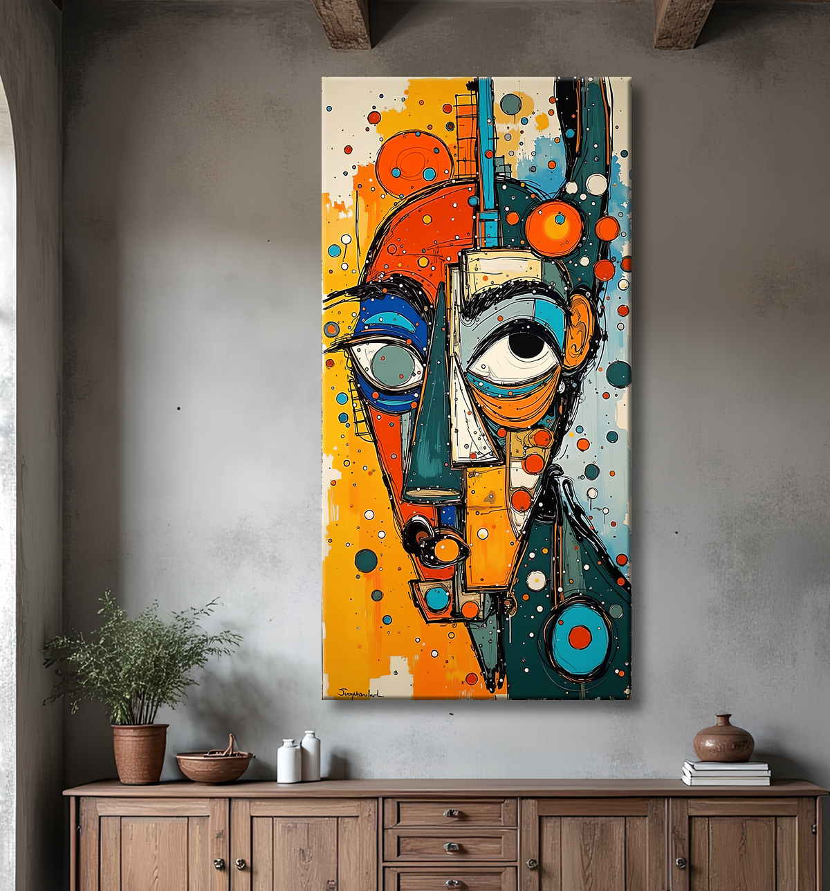 Tableau moderne : portrait inspiration cubiste avec decor