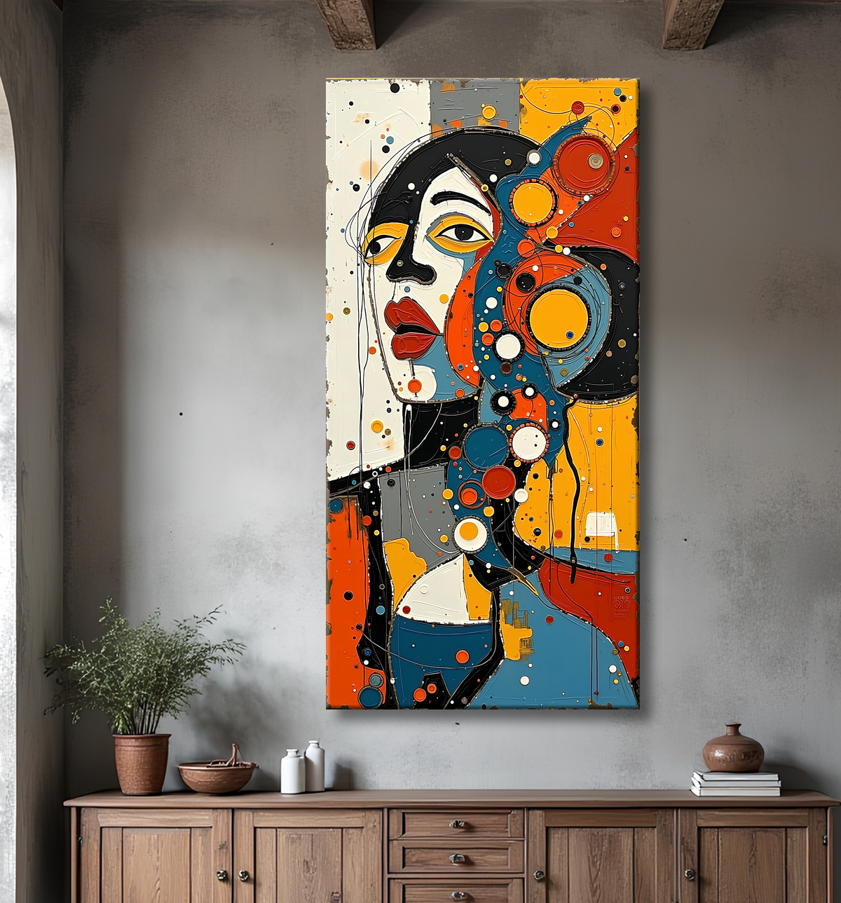 Tableau moderne : portrait inspiration cubiste avec decor