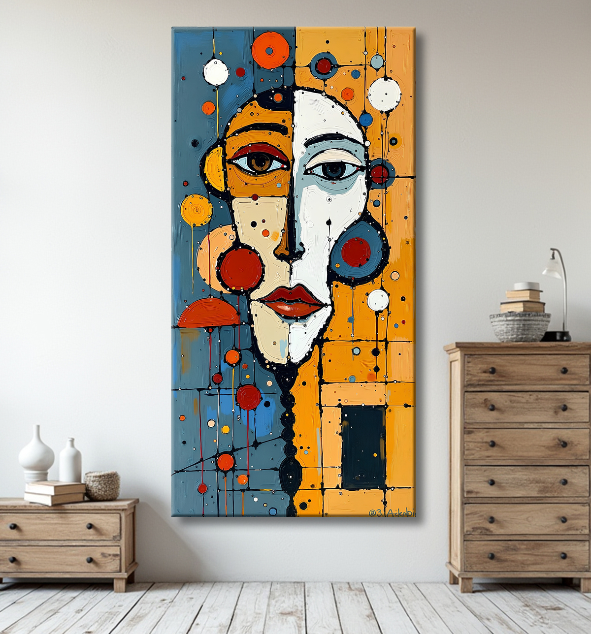 Tableau moderne : portrait inspiration cubiste avec decor