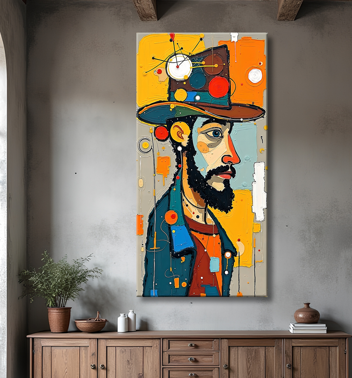 Tableau moderne : portrait inspiration cubiste avec decor