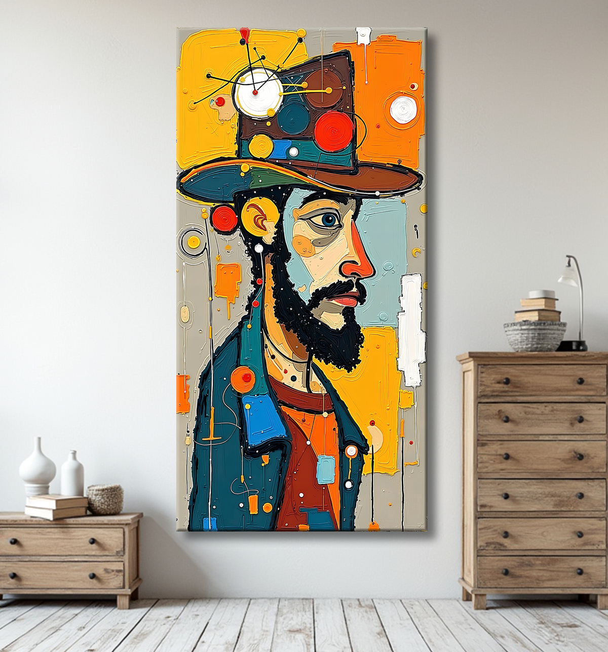 Tableau moderne : portrait inspiration cubiste avec decor