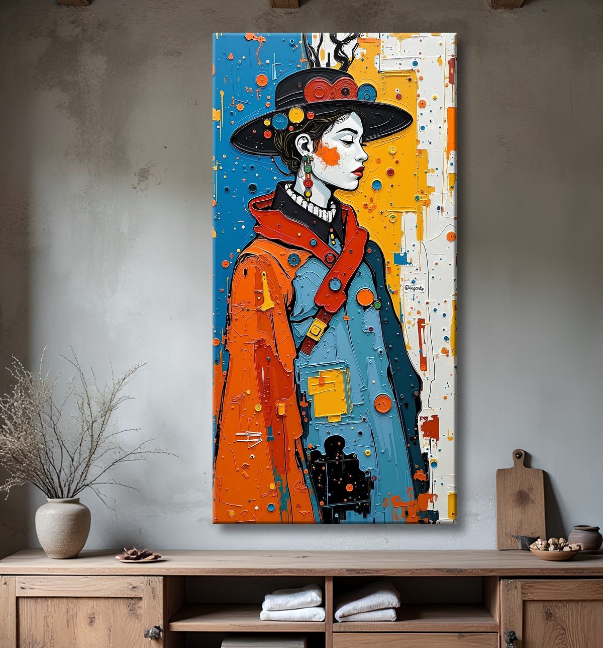 Tableau moderne : portrait inspiration cubiste avec decor