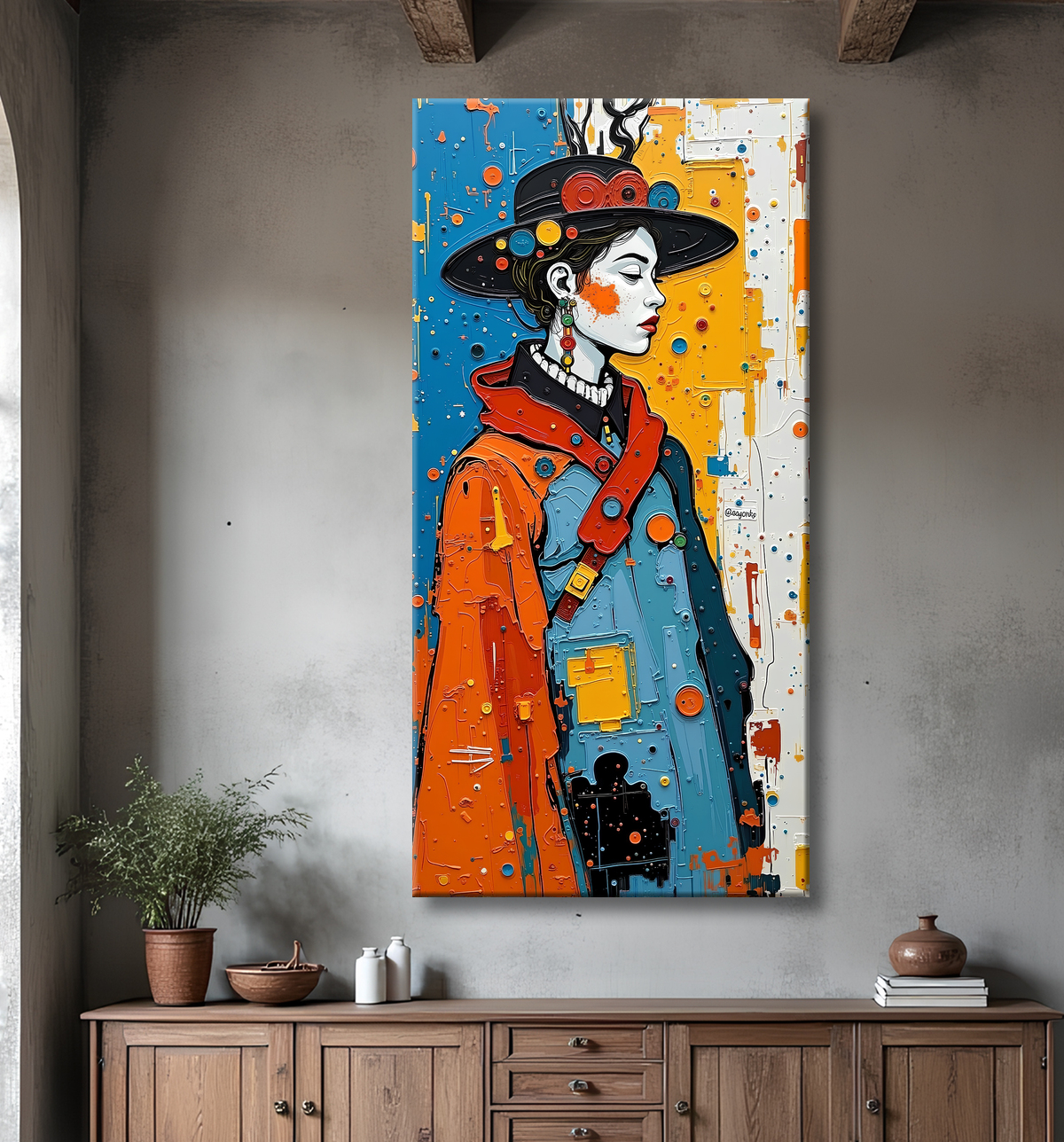 Tableau moderne : portrait inspiration cubiste avec decor