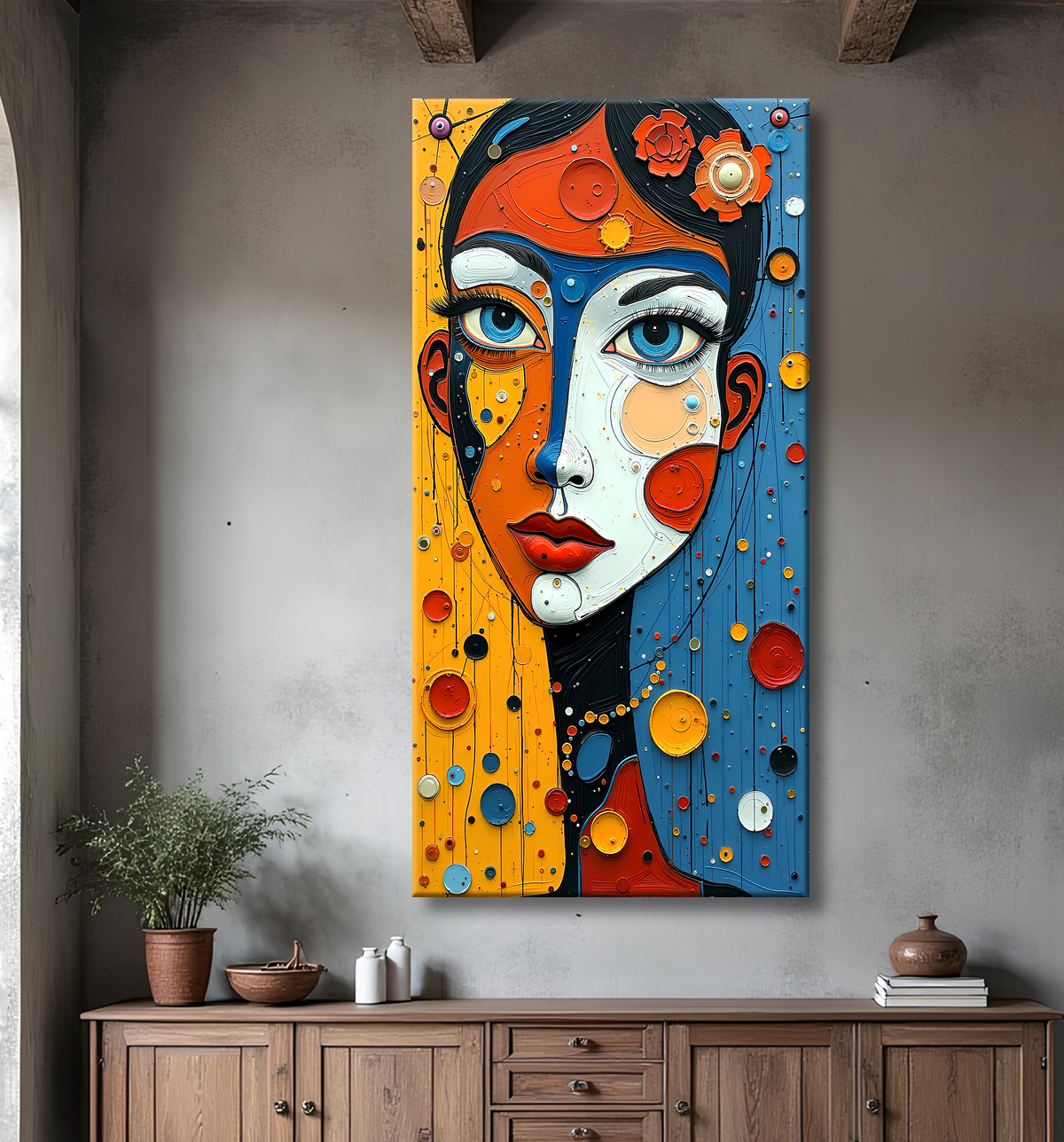 Tableau moderne : portrait inspiration cubiste avec decor