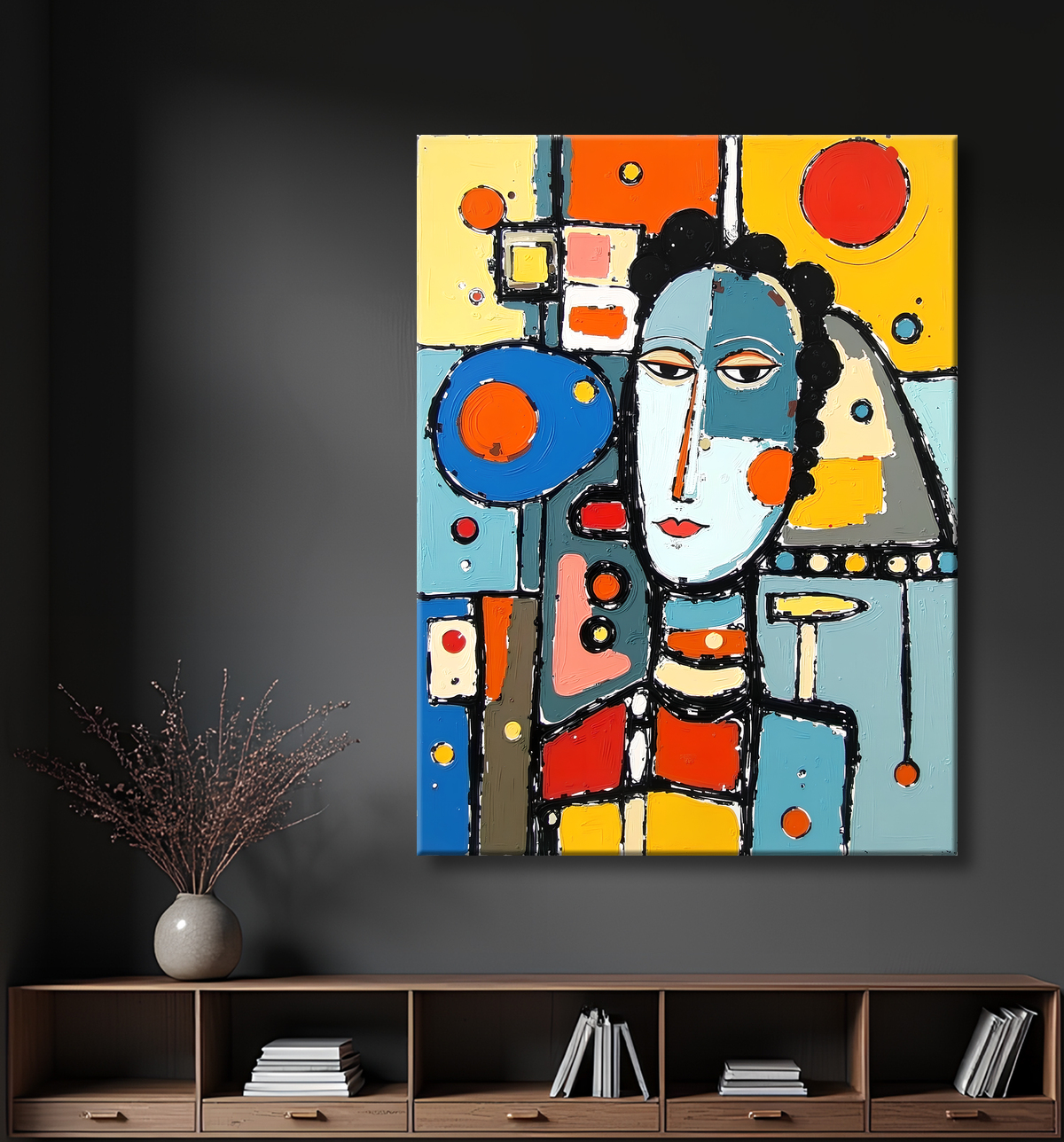 Tableau moderne : portrait inspiration cubiste avec decor