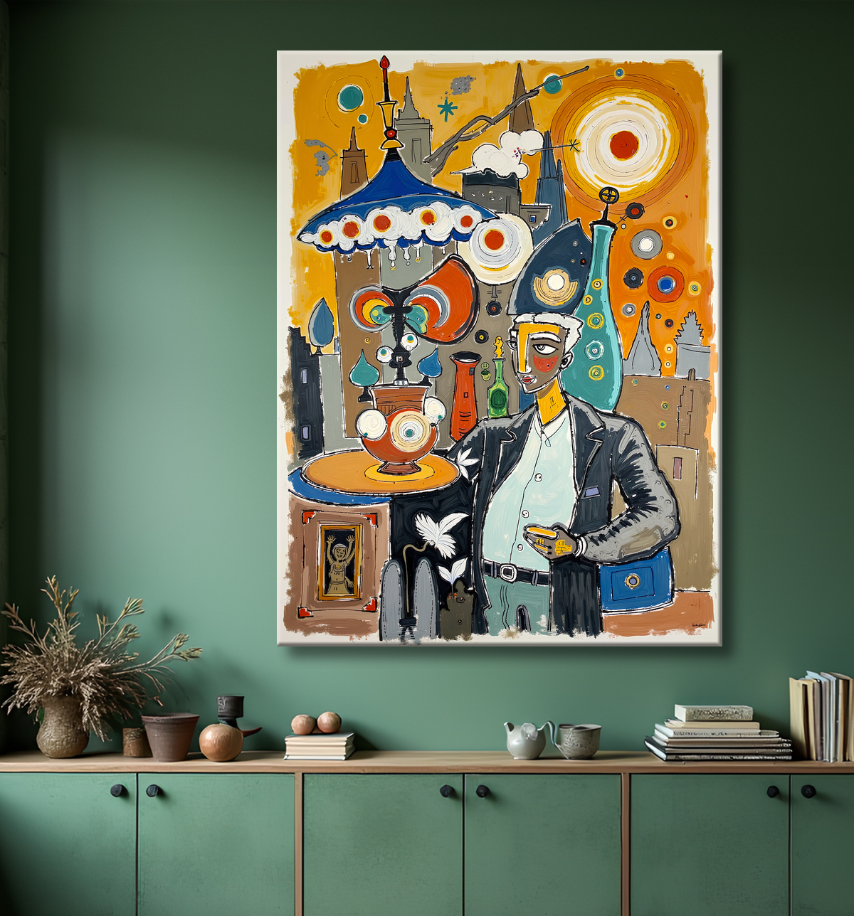 Tableau moderne : portrait inspiration cubiste avec decor