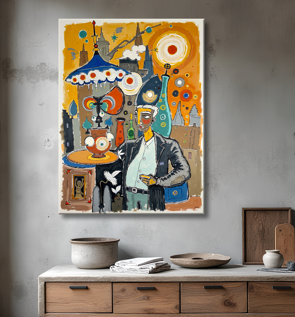 Tableau moderne : portrait inspiration cubiste avec decor