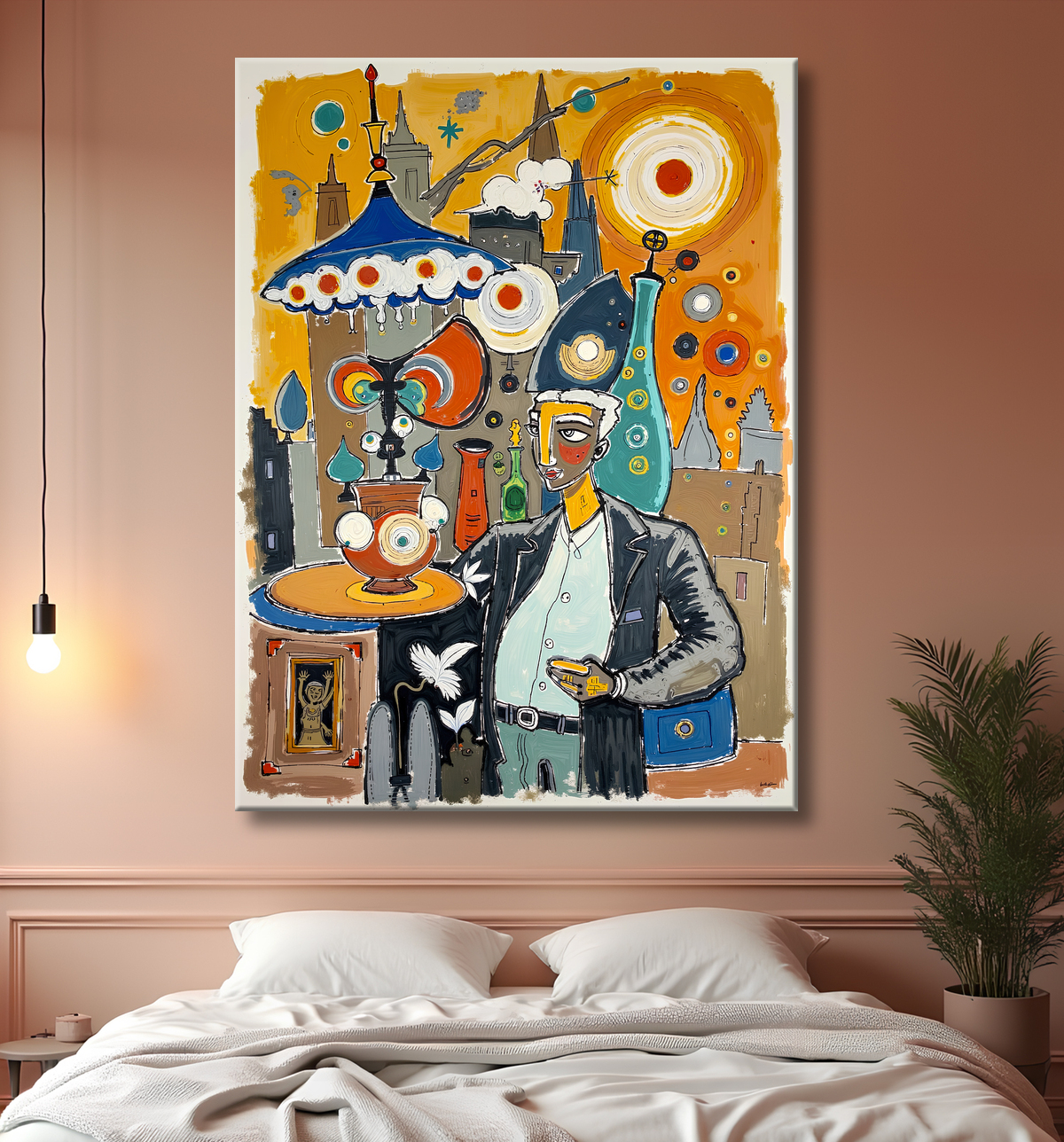 Tableau moderne : portrait inspiration cubiste avec decor