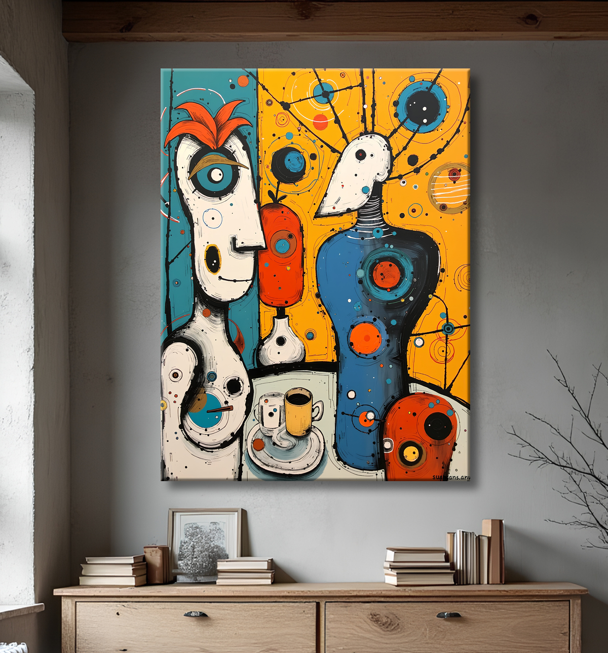Tableau moderne : portrait inspiration cubiste avec decor