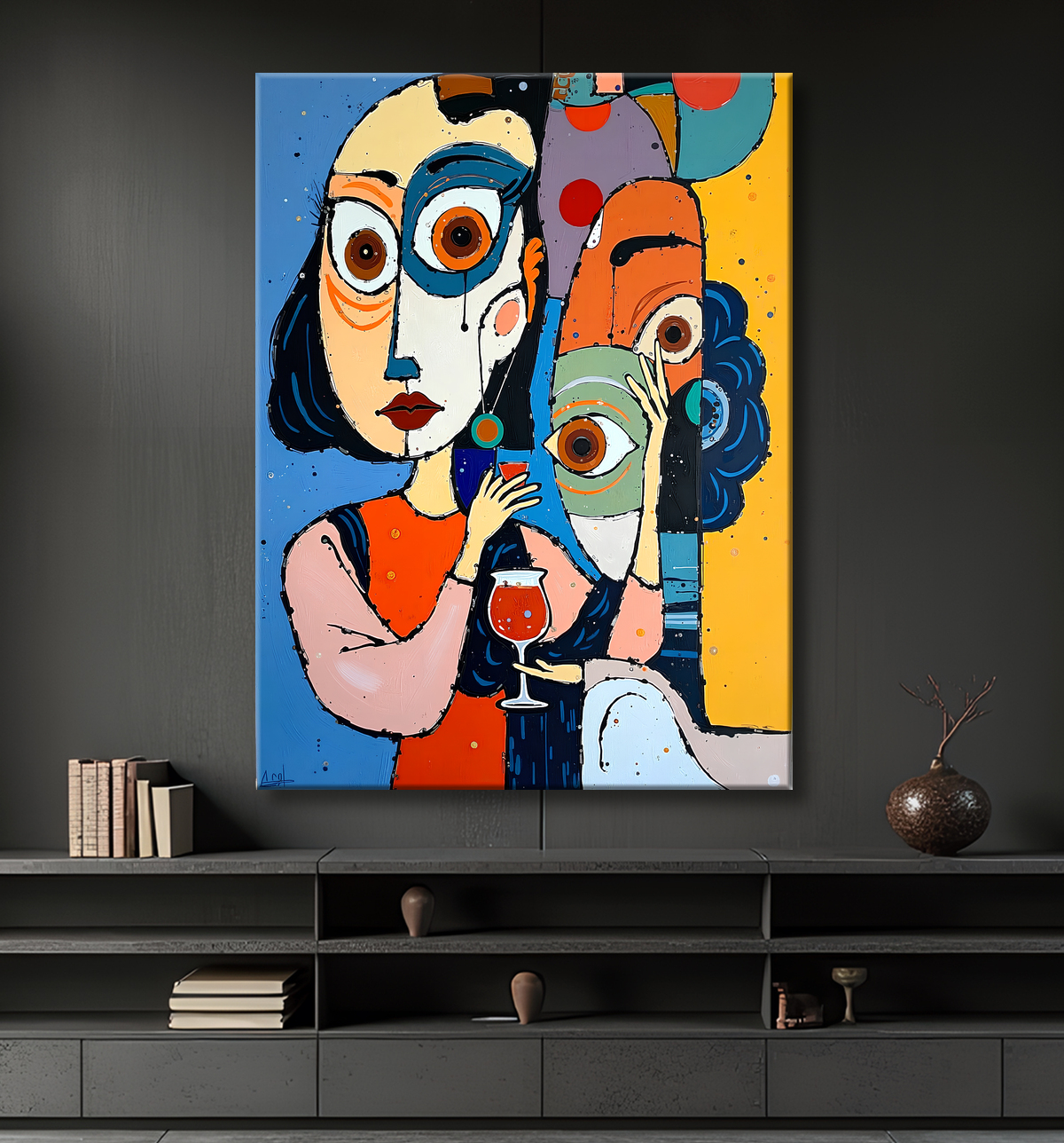 Tableau moderne : portrait inspiration cubiste avec decor