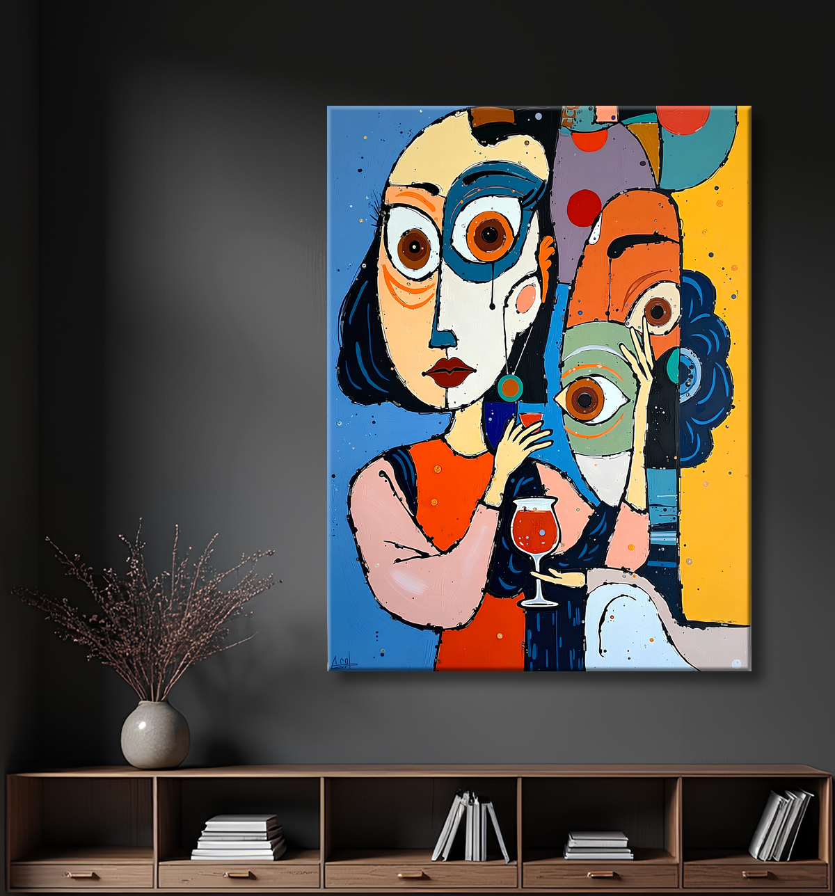 Tableau moderne : portrait inspiration cubiste avec decor