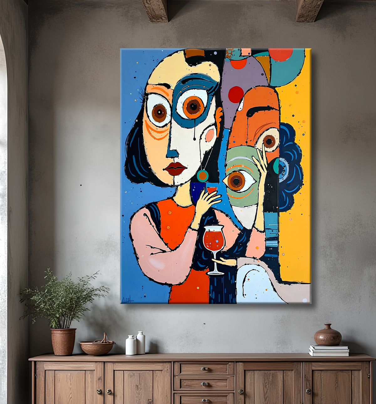 Tableau moderne : portrait inspiration cubiste avec decor