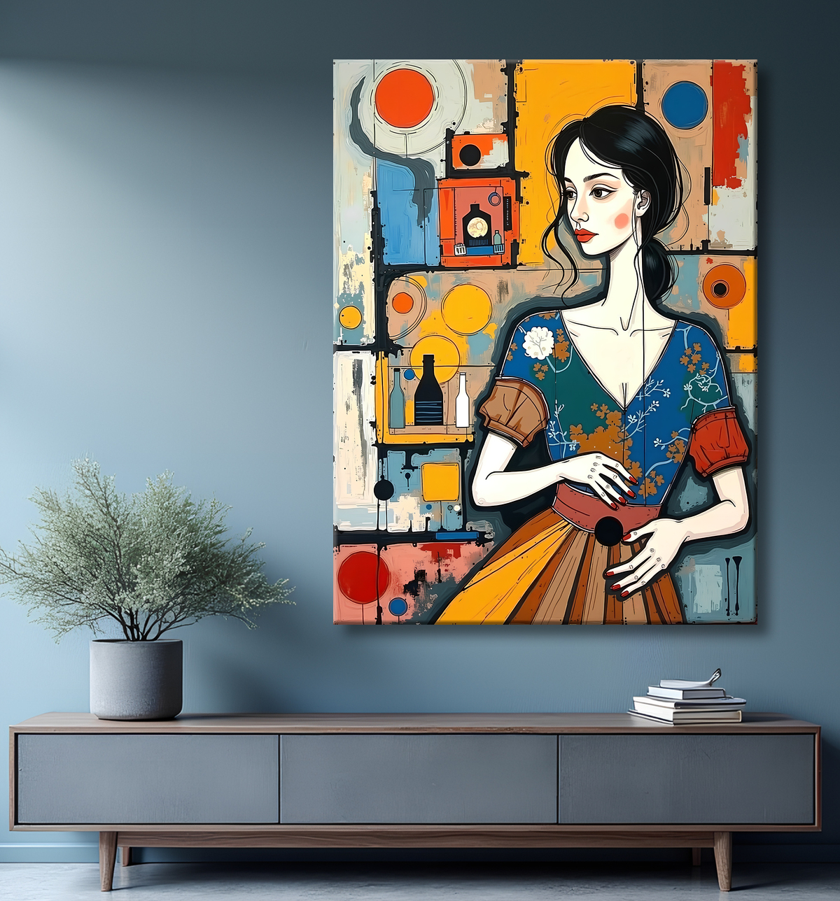 Tableau moderne : portrait inspiration cubiste avec decor