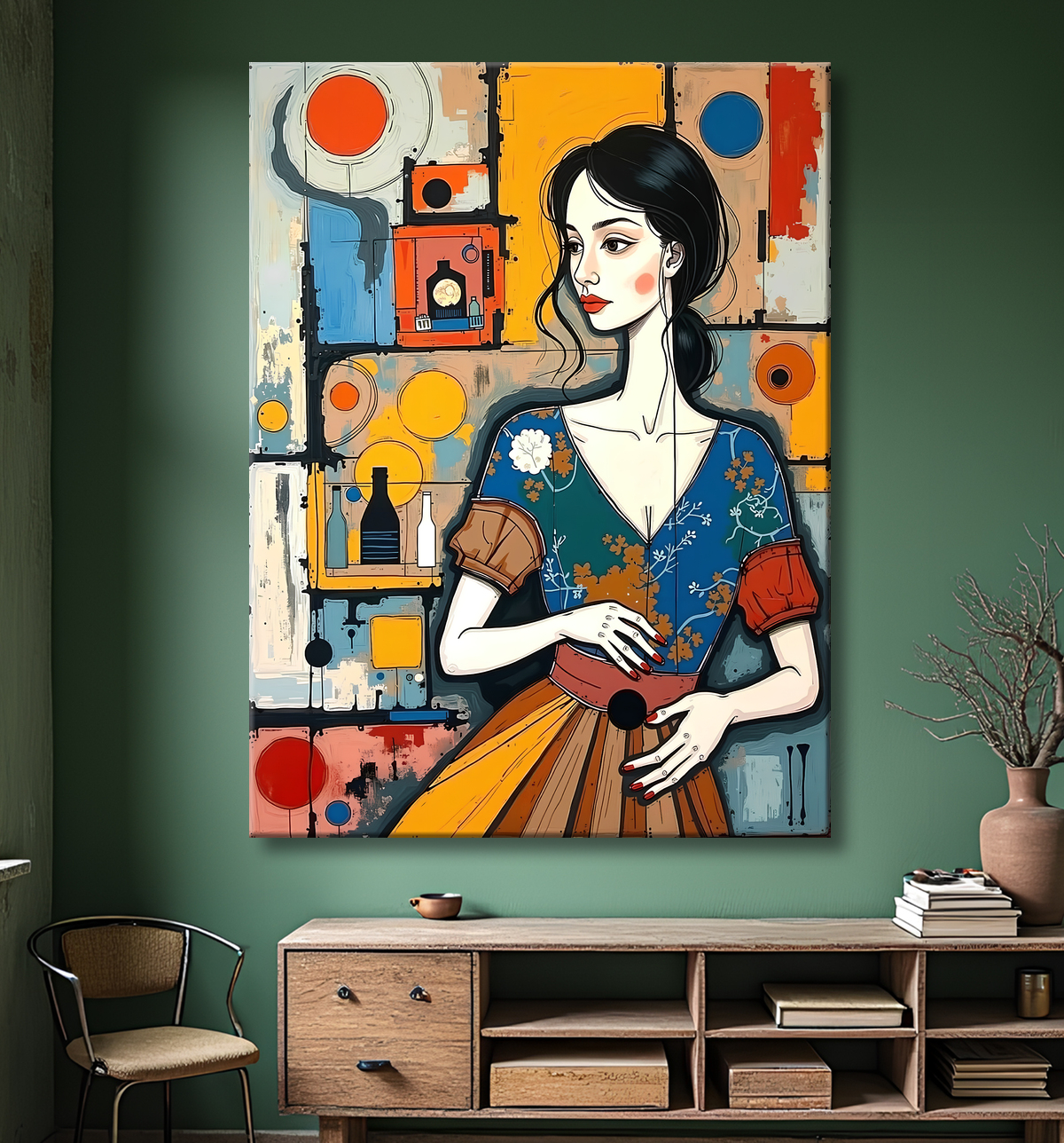 Tableau moderne : portrait inspiration cubiste avec decor