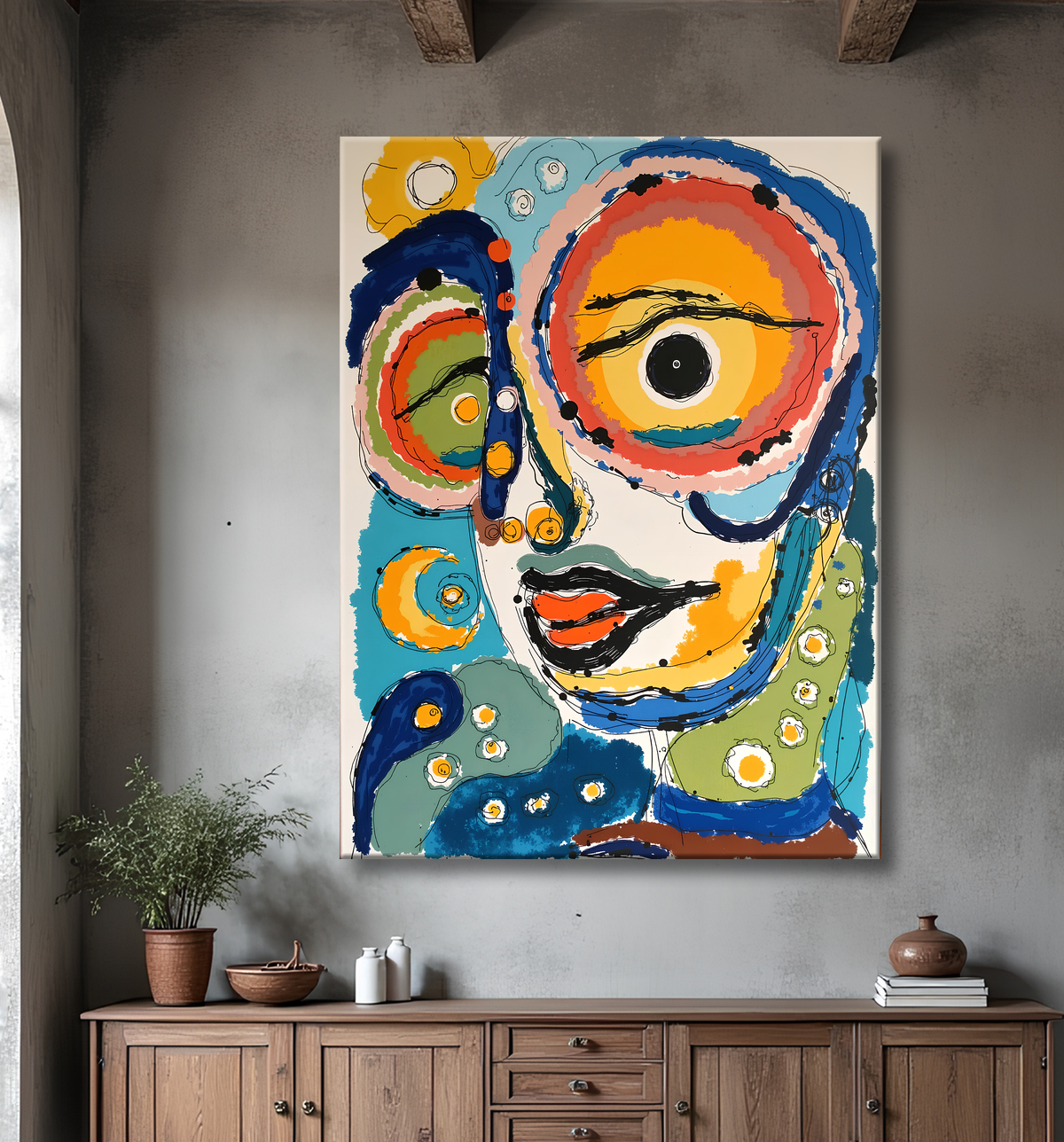 Tableau moderne : portrait inspiration cubiste avec decor