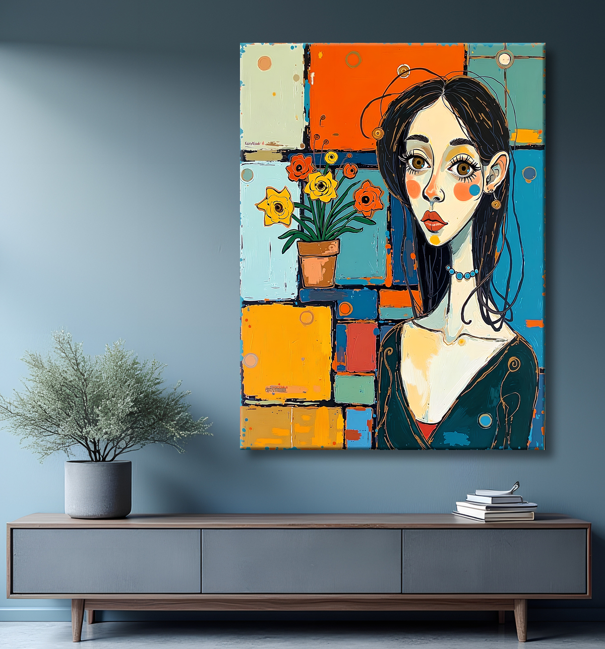 Tableau moderne : portrait inspiration cubiste avec decor