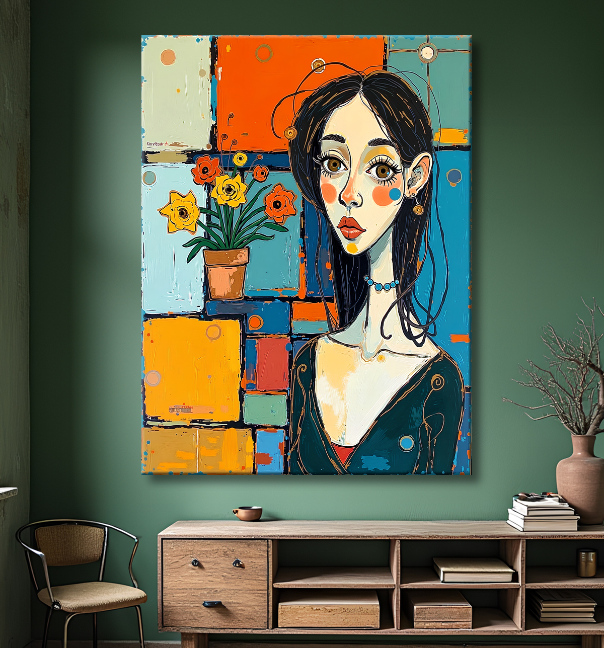 Tableau moderne : portrait inspiration cubiste avec decor