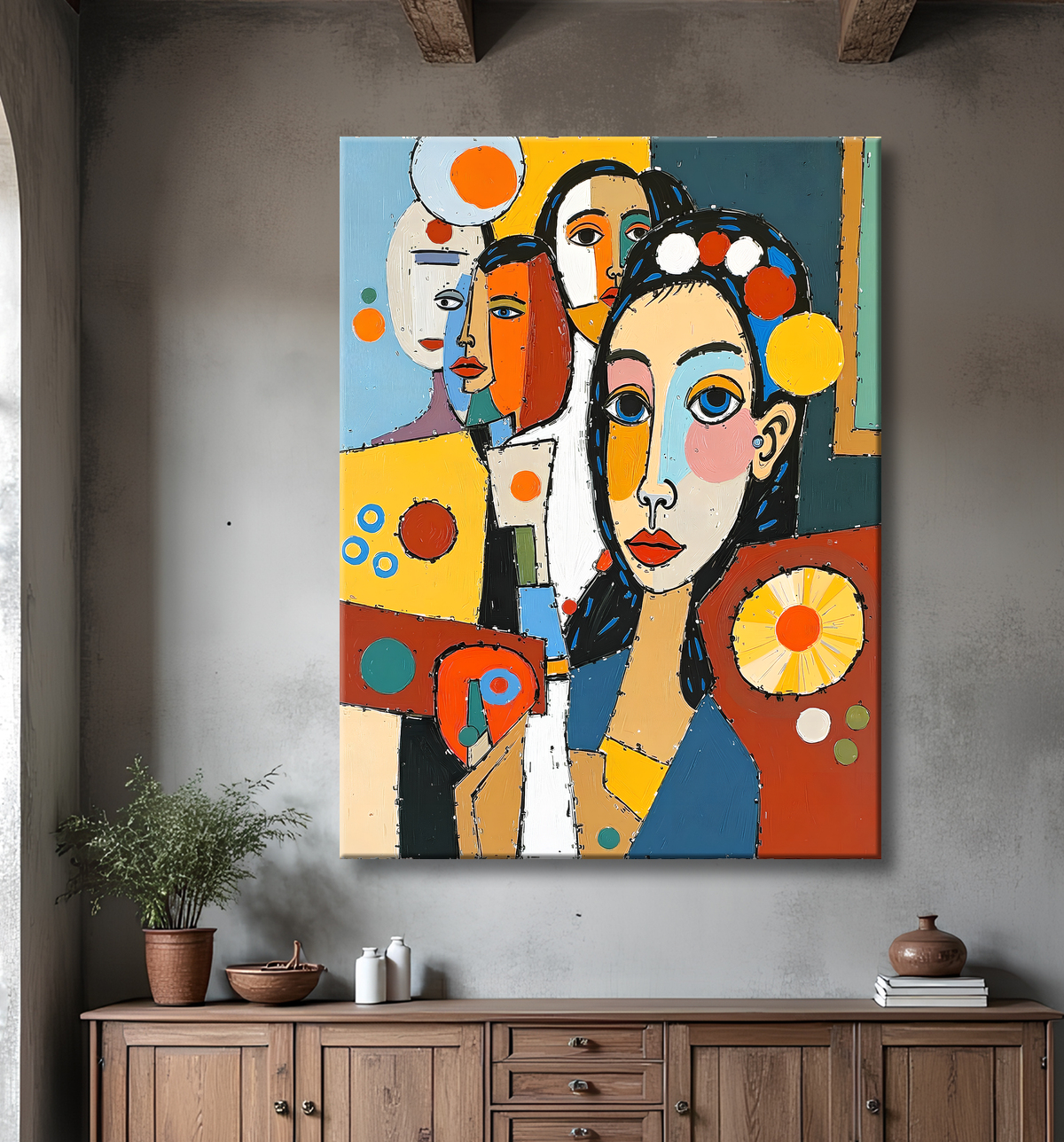 Tableau moderne : portrait inspiration cubiste avec decor