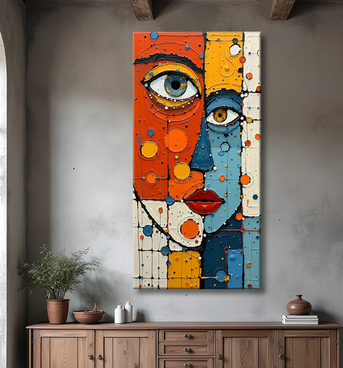 Tableau moderne : portrait inspiration cubiste avec decor