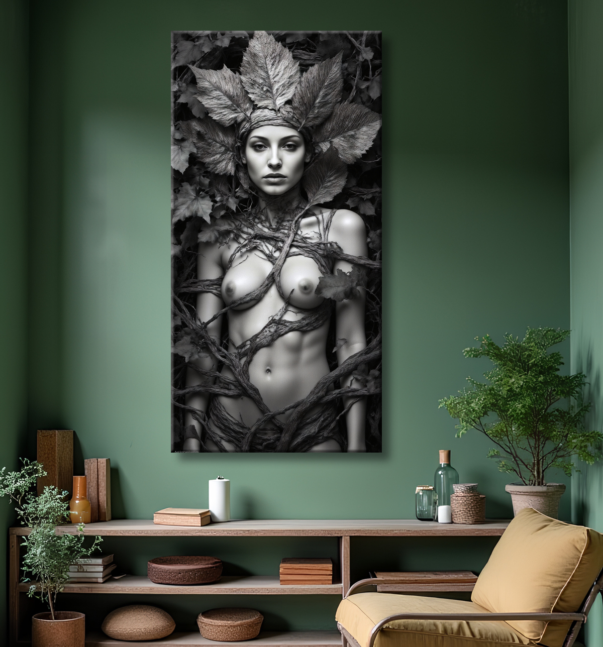 Portrait féminin mystique en noir et blanc, couronne de feuilles et lianes végétales. Poster, affiche ou tableau sur toile/papier photo, formats sur-mesure (très grand format) et encadrements au choix sur Decotab.