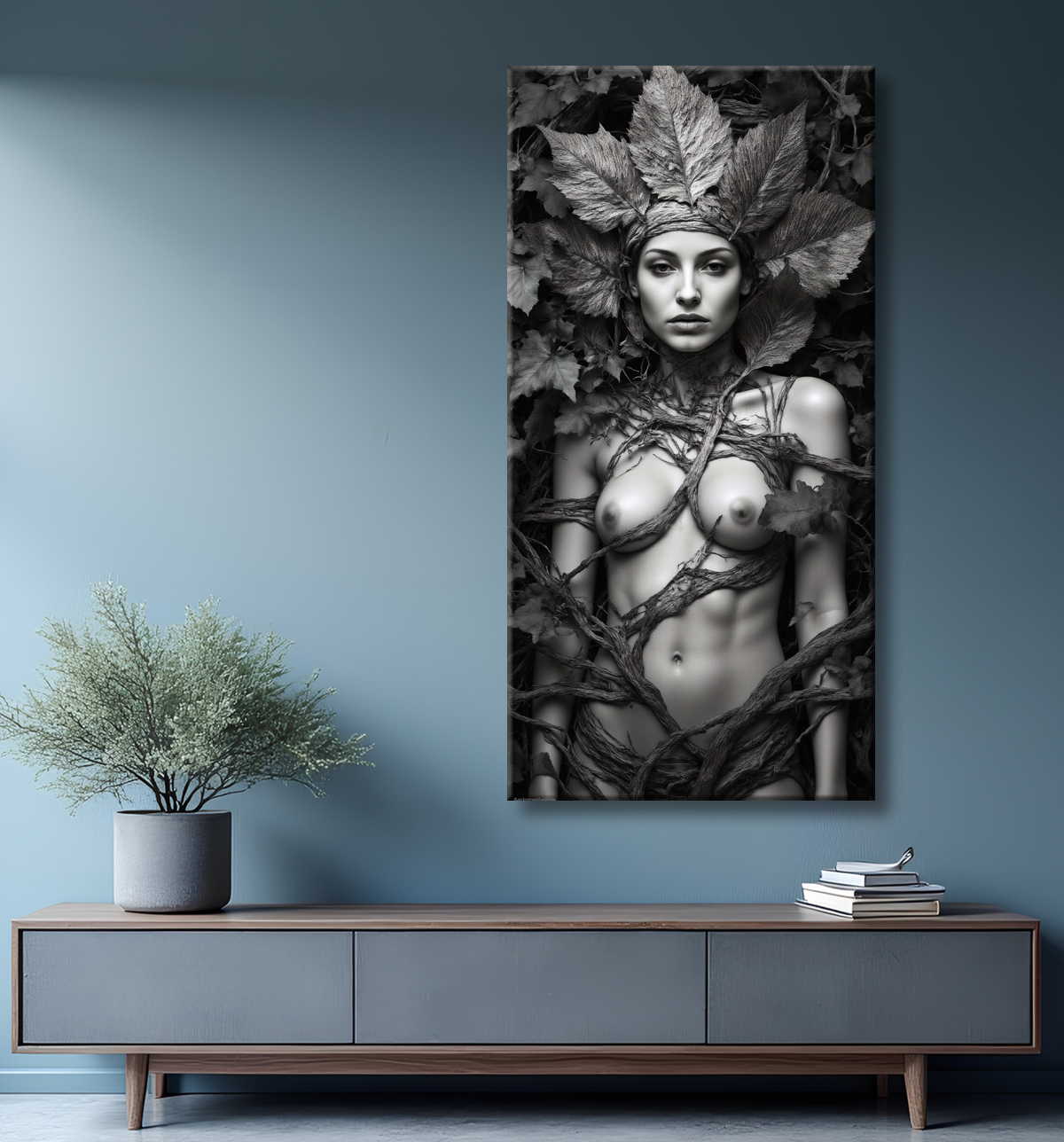 Tableau noir et blanc – Portrait mystique “Esprit de la nature” en grand format avec decor