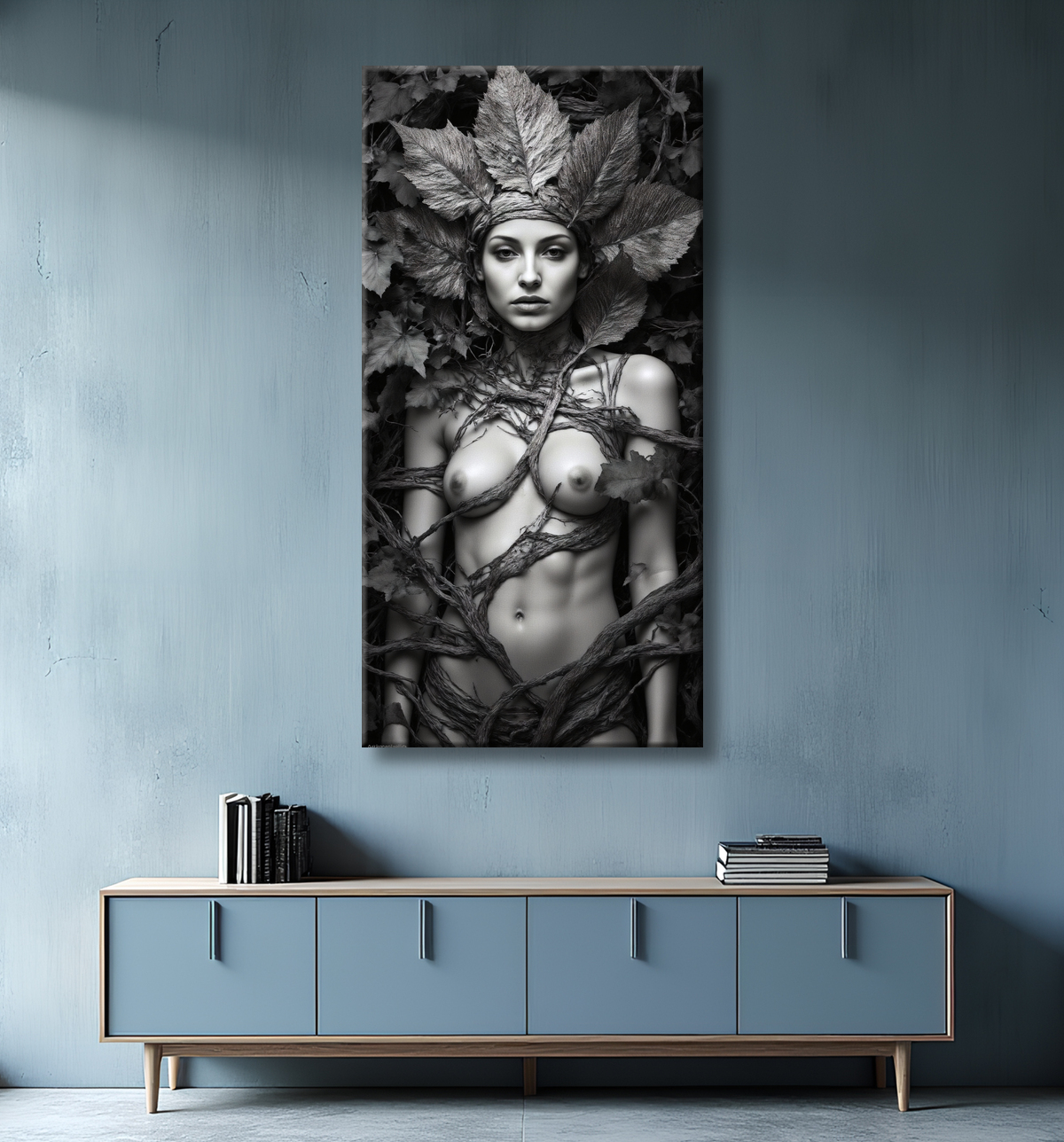 Tableau noir et blanc – Portrait mystique “Esprit de la nature” en grand format avec decor