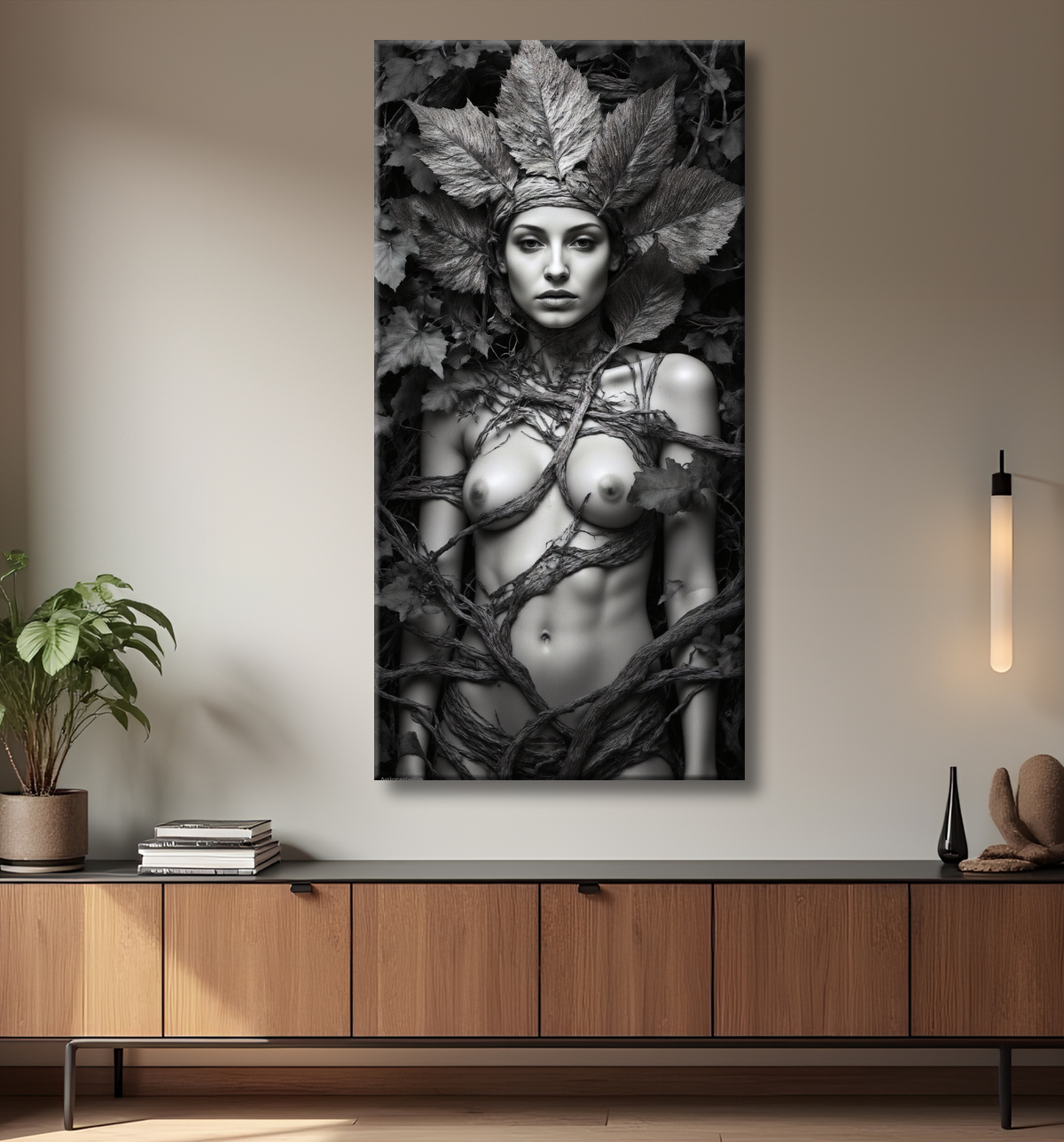 Tableau noir et blanc – Portrait mystique “Esprit de la nature” en grand format avec decor