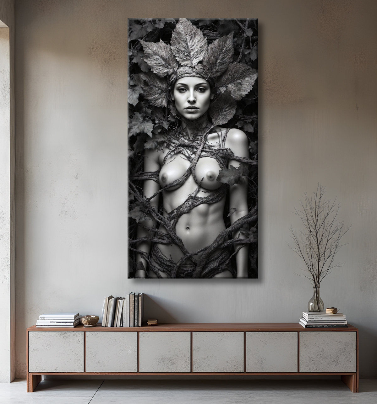 Tableau noir et blanc – Portrait mystique “Esprit de la nature” en grand format avec decor