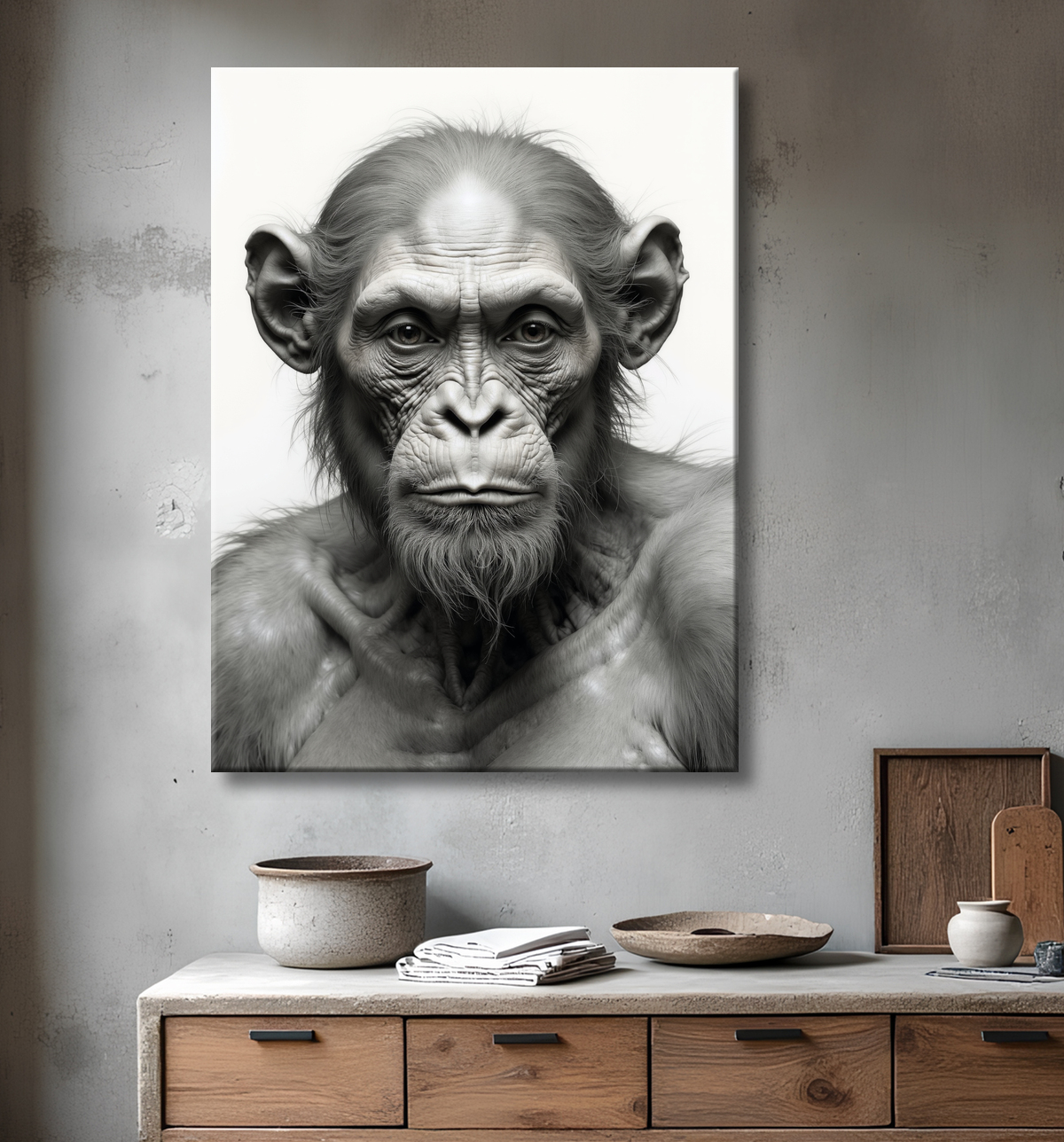 Tableau chimpanzé sur fond blanc - Photo d'art expressive avec decor