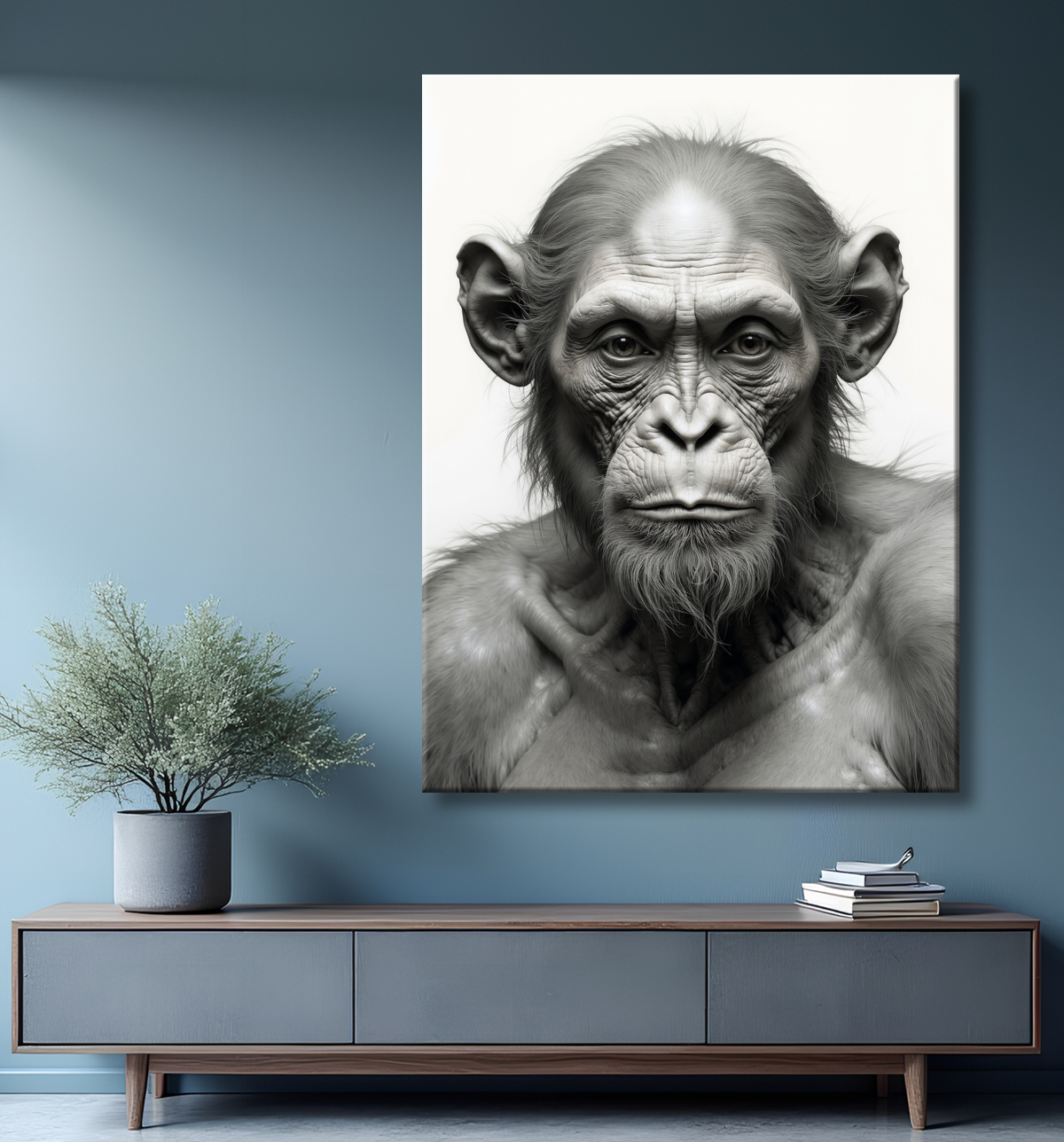 Tableau chimpanzé sur fond blanc - Photo d'art expressive avec decor