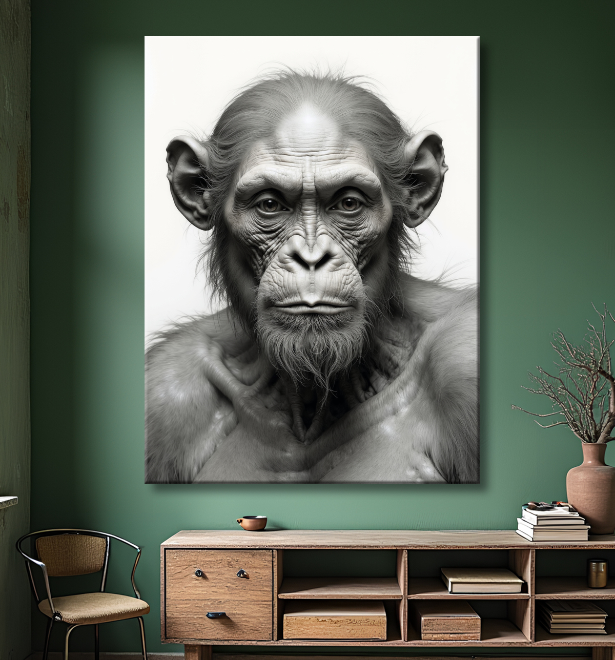 Tableau chimpanzé sur fond blanc - Photo d'art expressive avec decor