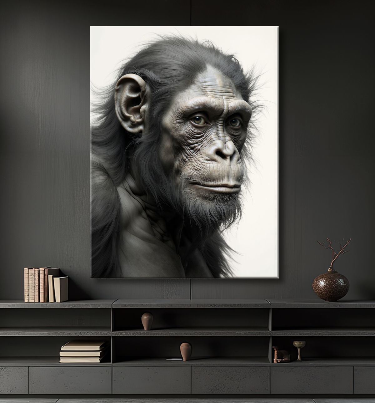 Tableau chimpanzé sur fond blanc - Photo d'art expressive avec decor