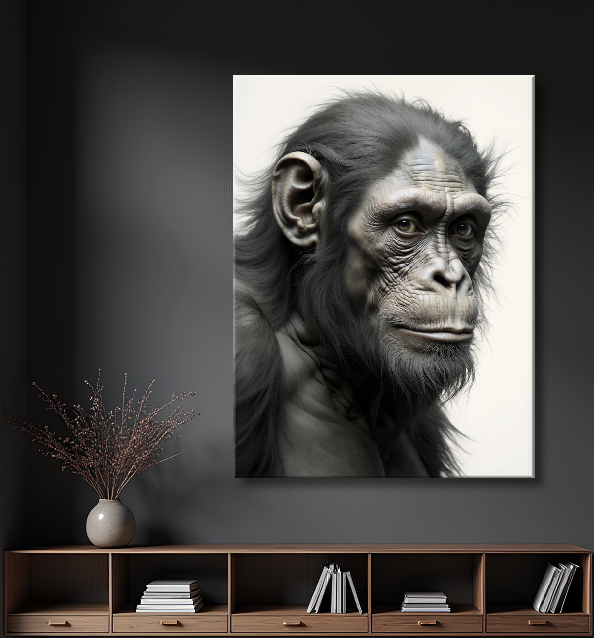Tableau chimpanzé sur fond blanc - Photo d'art expressive avec decor