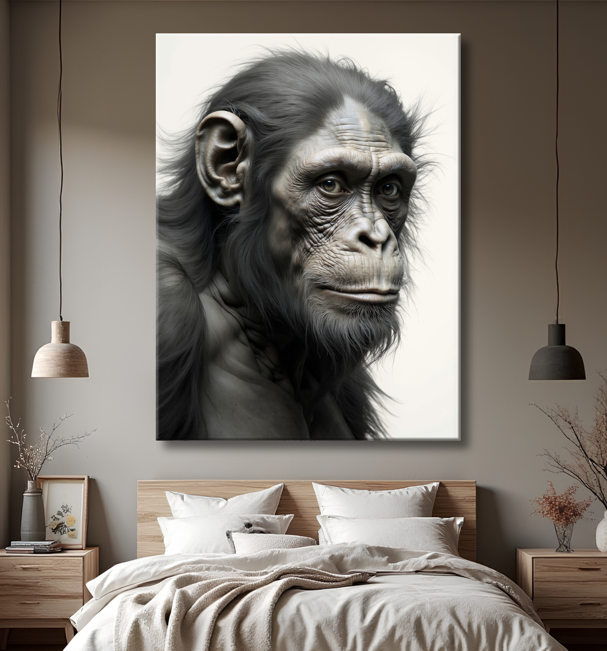 Tableau chimpanzé sur fond blanc - Photo d'art expressive avec decor