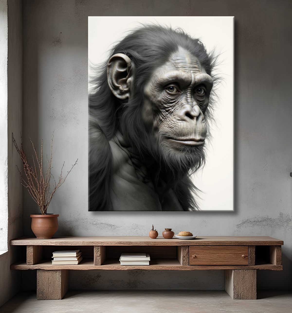 Tableau chimpanzé sur fond blanc - Photo d'art expressive avec decor