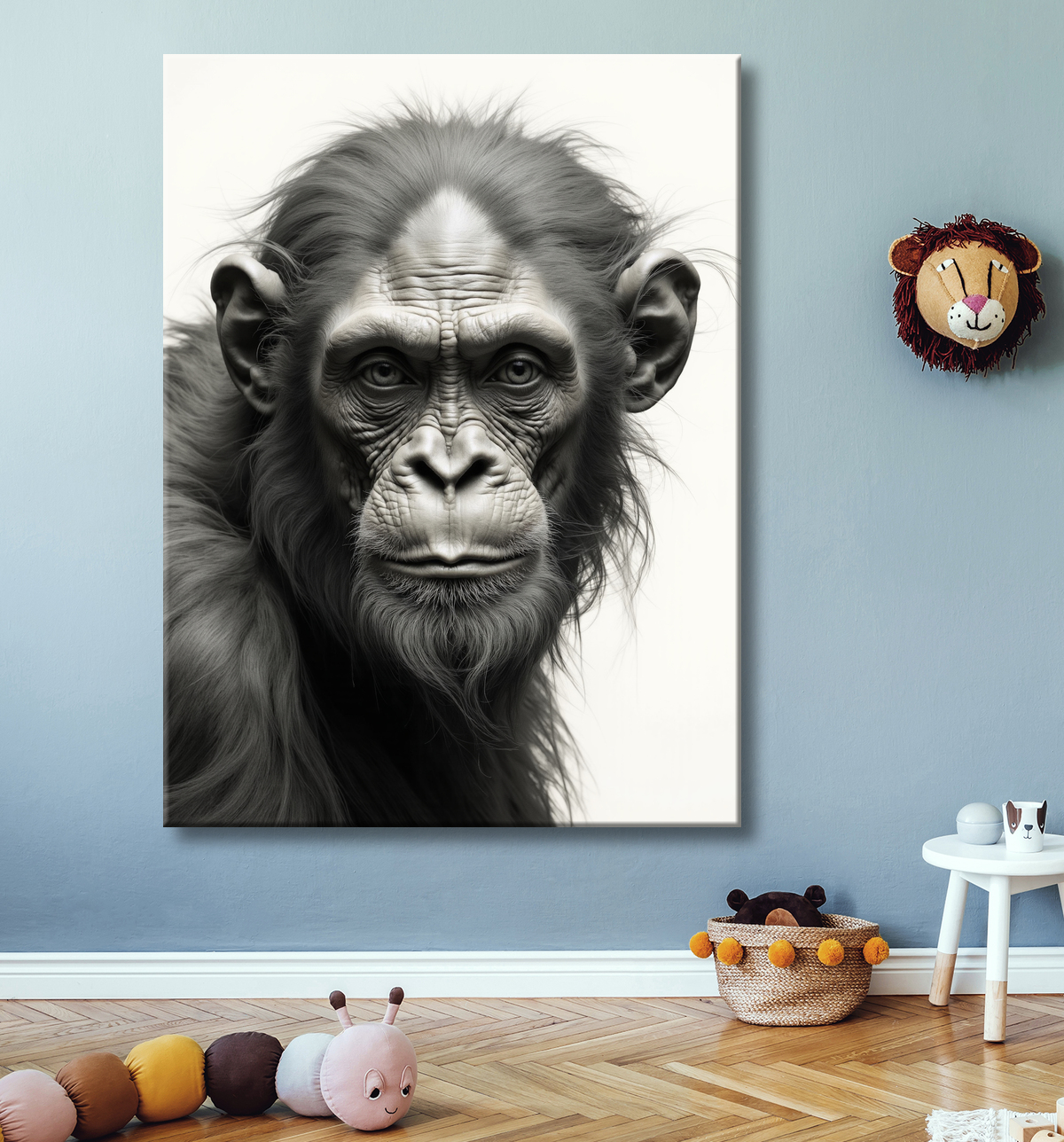 Tableau chimpanzé sur fond blanc - Photo d'art expressive avec decor