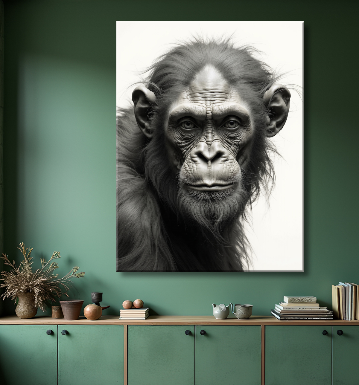Tableau chimpanzé sur fond blanc - Photo d'art expressive avec decor