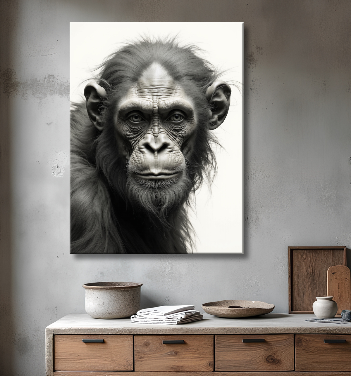 Tableau chimpanzé sur fond blanc - Photo d'art expressive avec decor