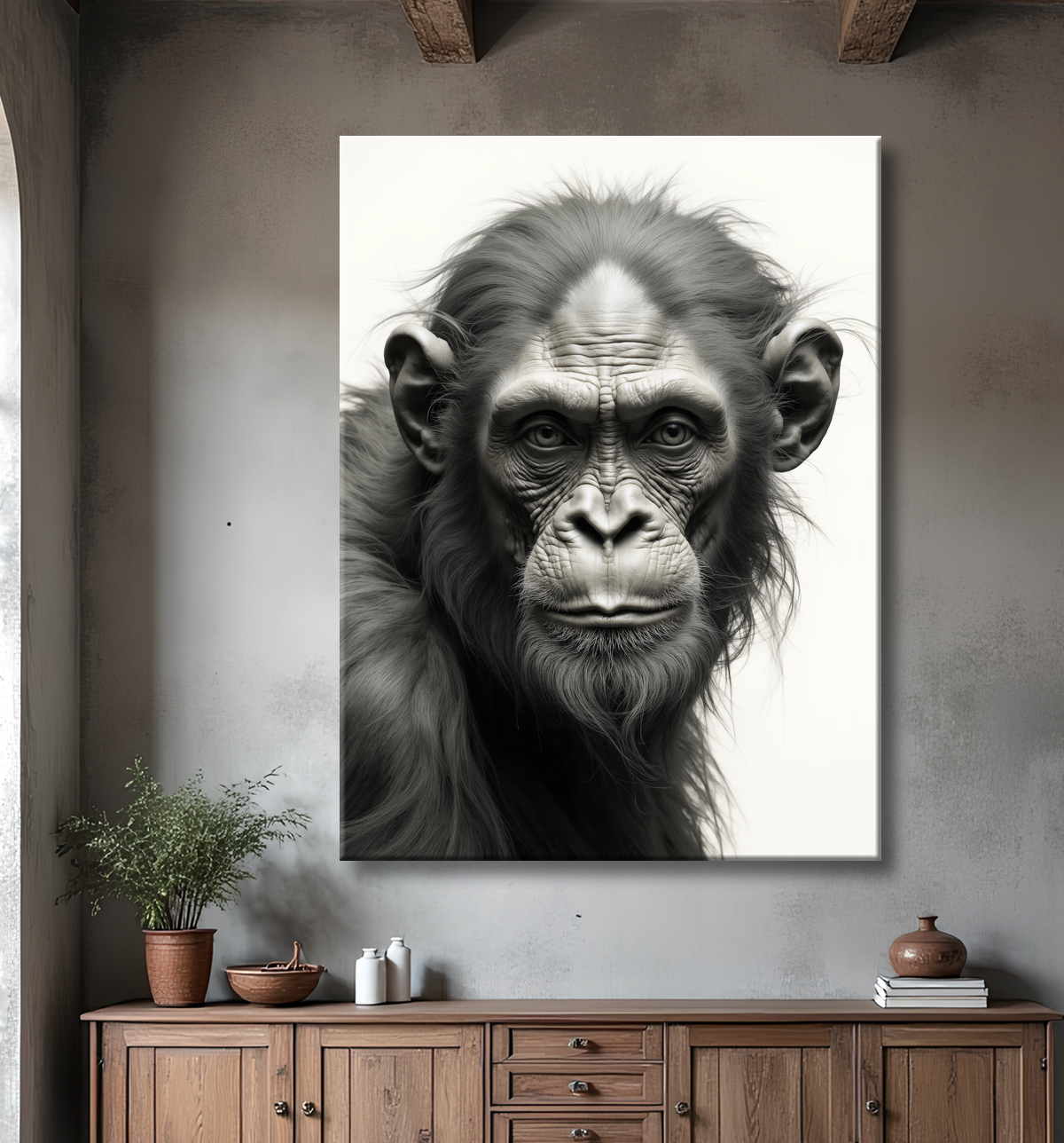 Tableau chimpanzé sur fond blanc - Photo d'art expressive avec decor
