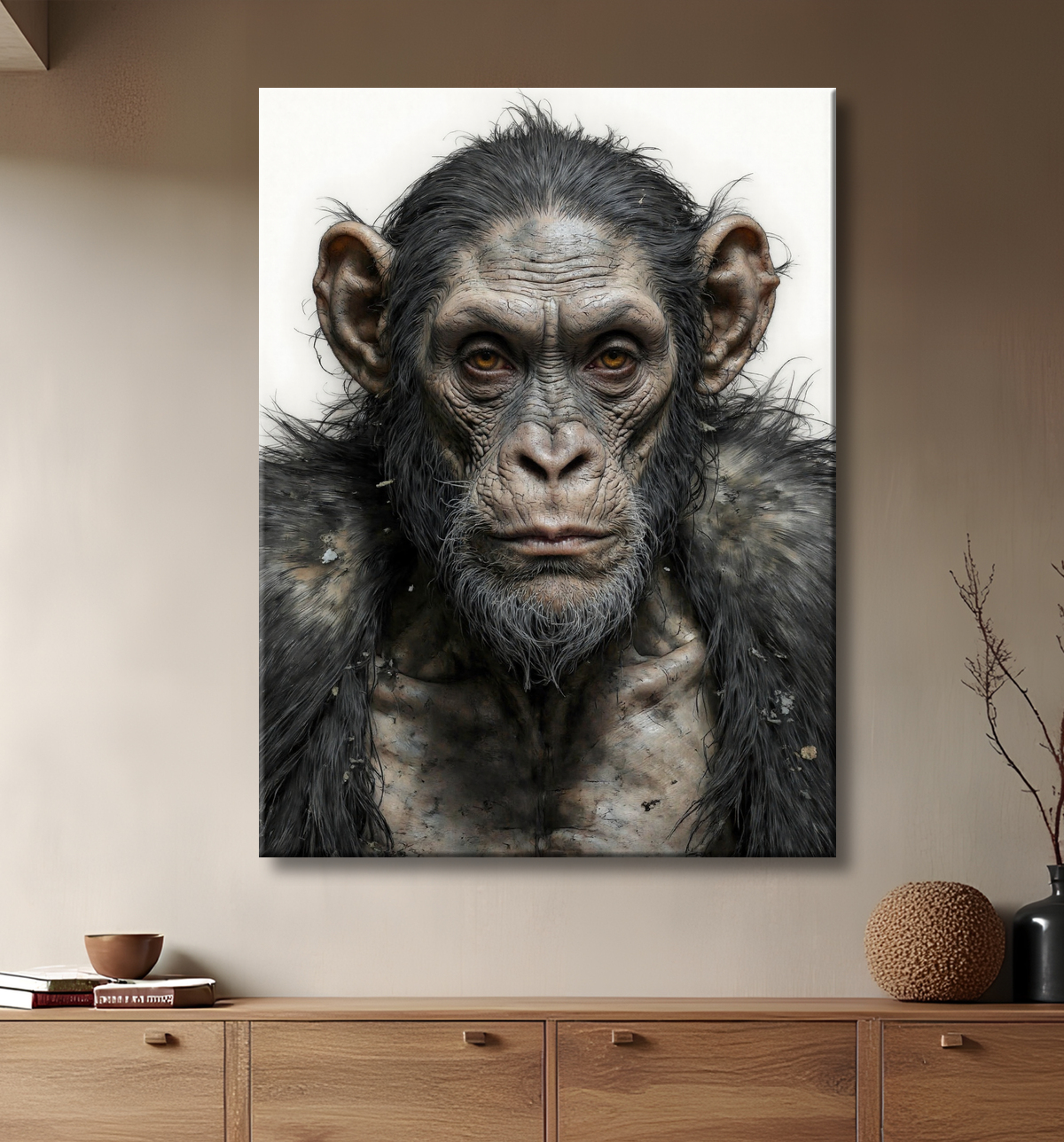 Tableau chimpanzé sur fond blanc - Photo d'art expressive avec decor